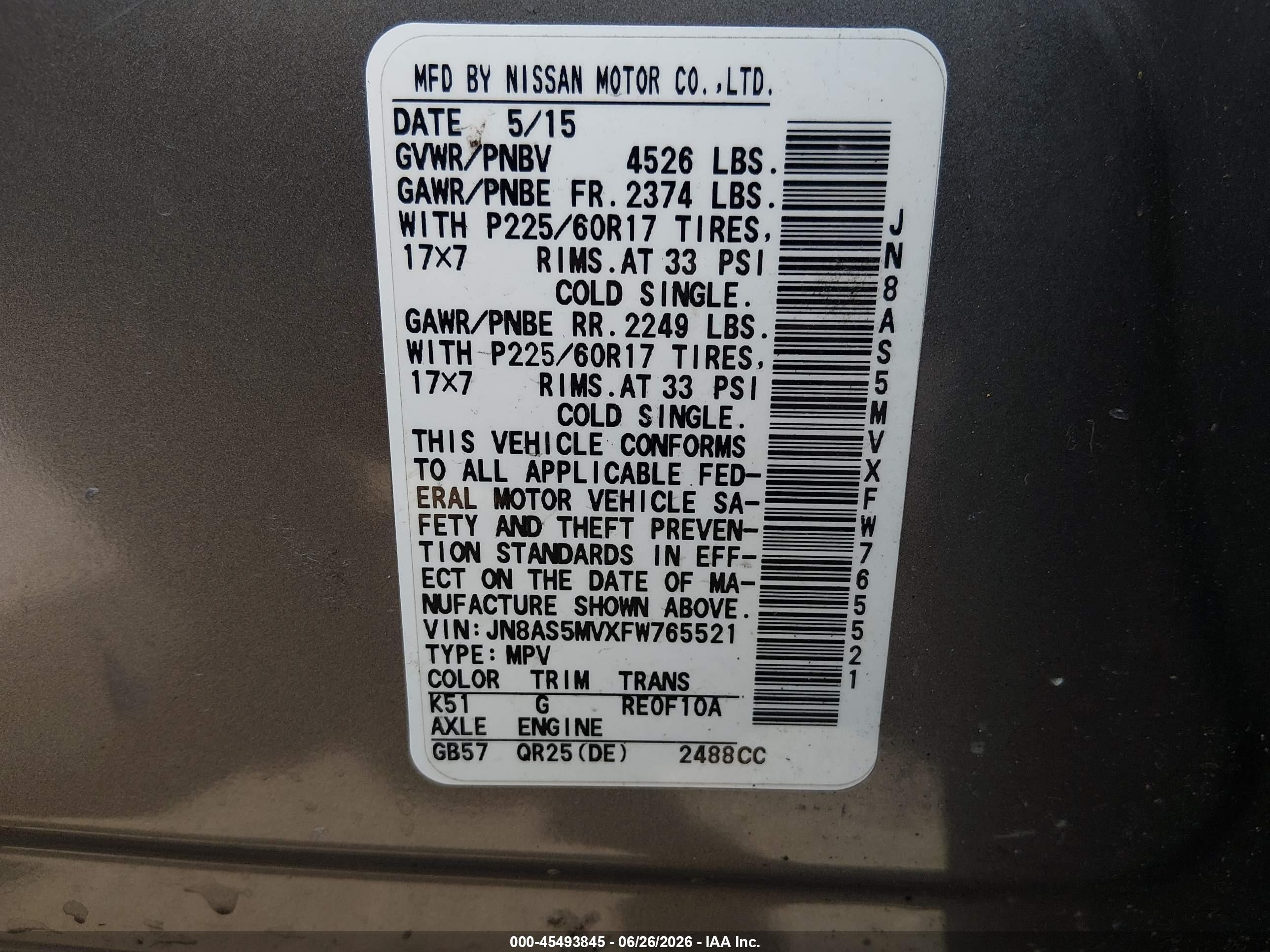 2015 Nissan Rogue Select S Gray vin: JN8AS5MVXFW765521