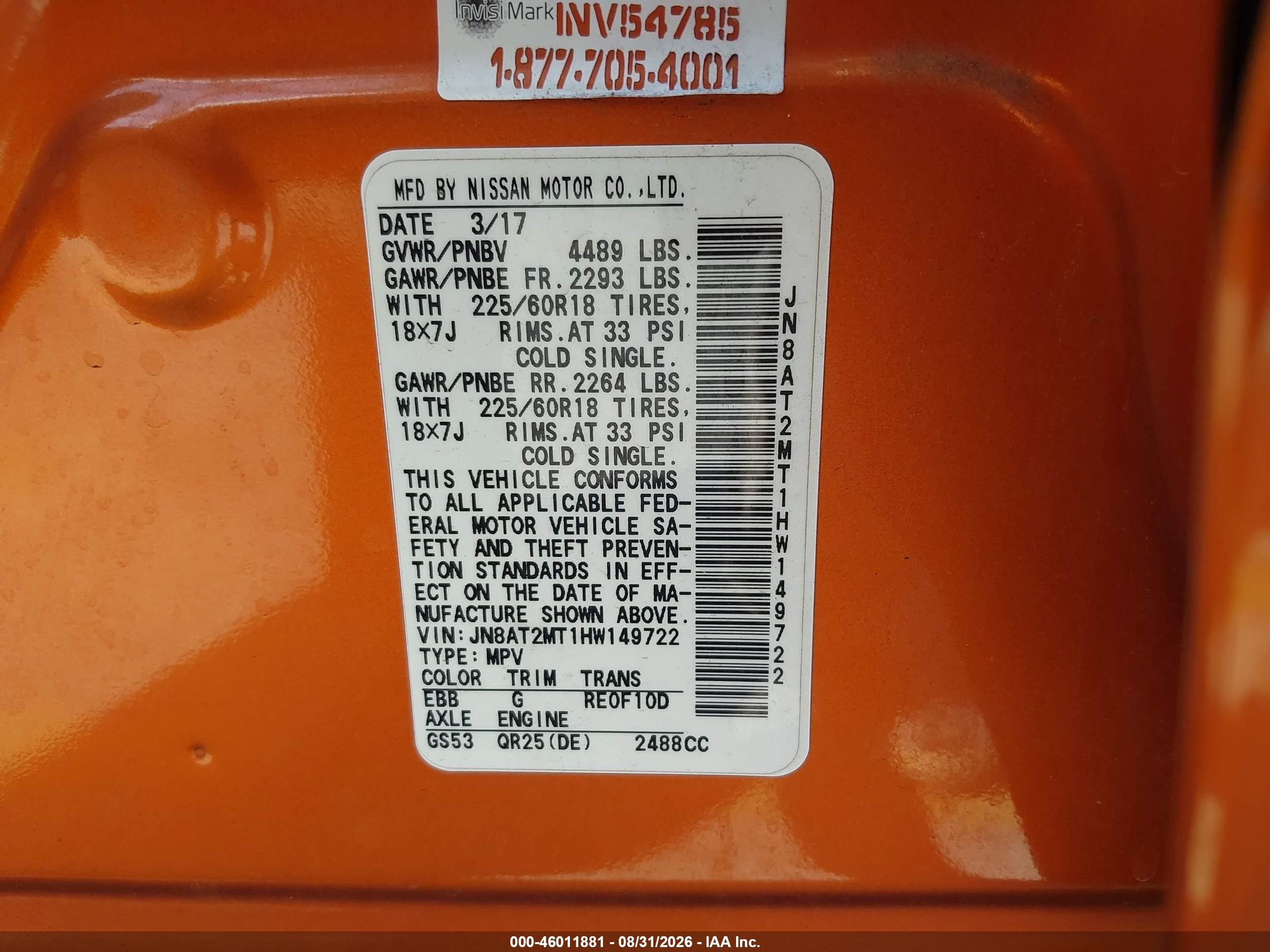 2017 Nissan Rogue Sl Orange vin: JN8AT2MT1HW149722