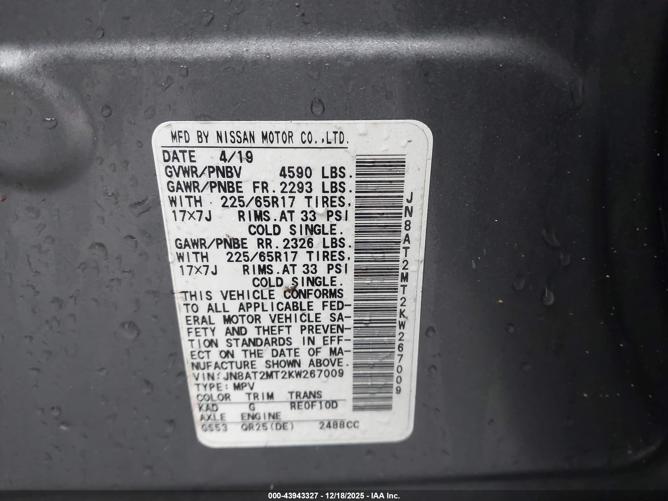 2019 Nissan Rogue S Gray vin: JN8AT2MT2KW267009