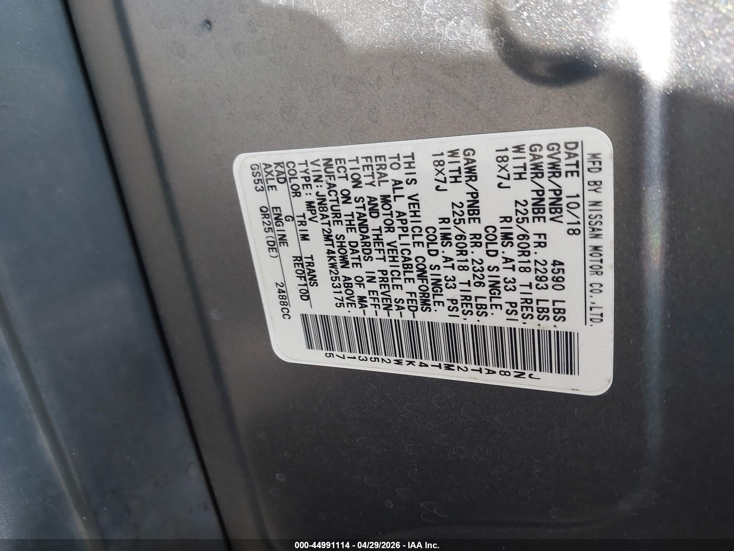 2019 Nissan Rogue Sv Gray vin: JN8AT2MT4KW253175