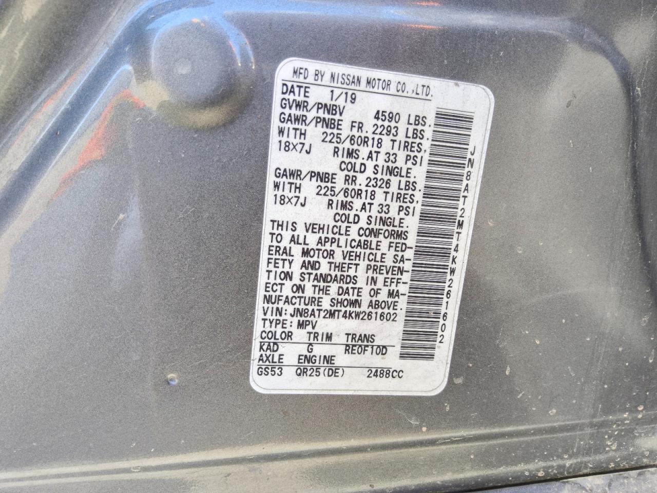 2019 Nissan Rogue Sv Gray vin: JN8AT2MT4KW261602