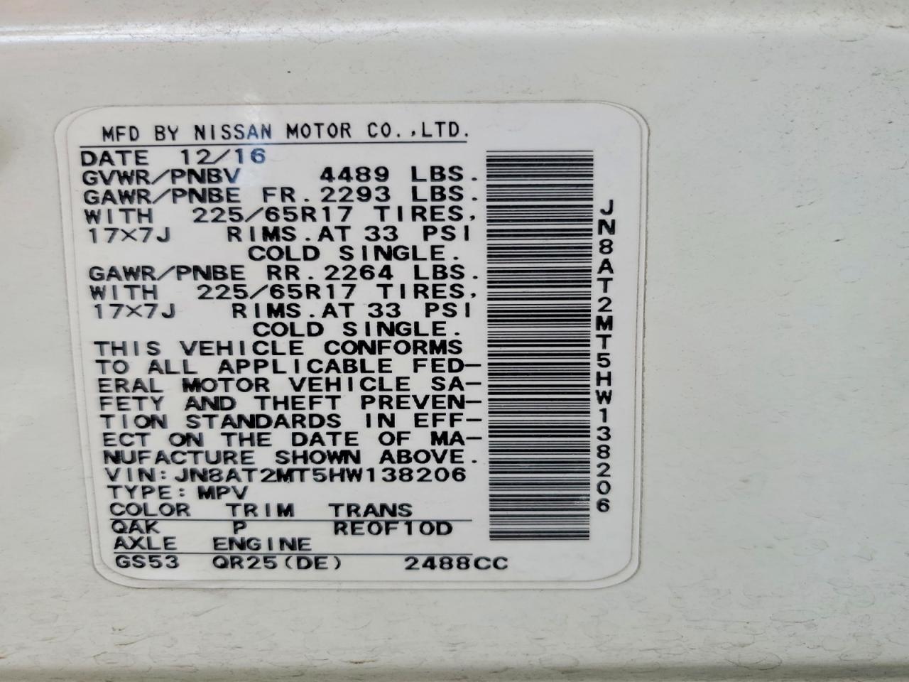 2017 Nissan Rogue S White vin: JN8AT2MT5HW138206