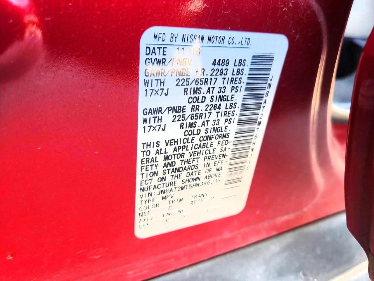 2017 Nissan Rogue Sv Red vin: JN8AT2MT5HW386035