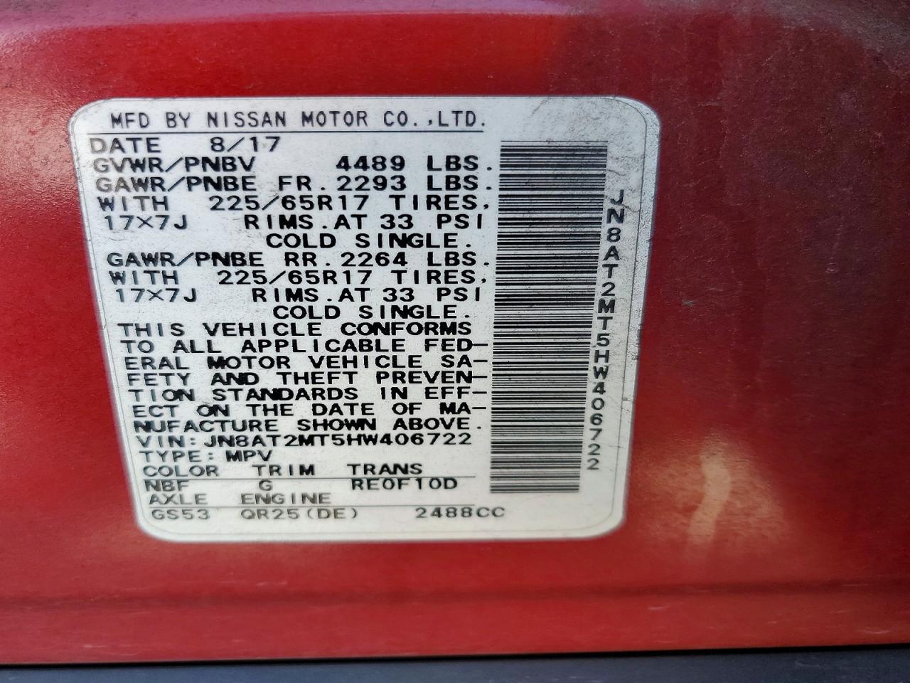 2017 Nissan Rogue Sv Red vin: JN8AT2MT5HW406722