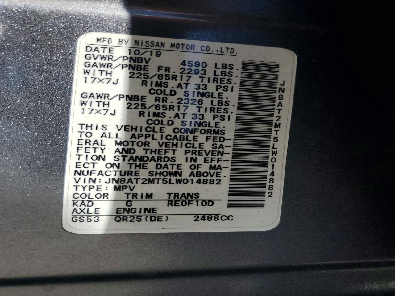 2020 Nissan Rogue Sv Gray vin: JN8AT2MT5LW014882