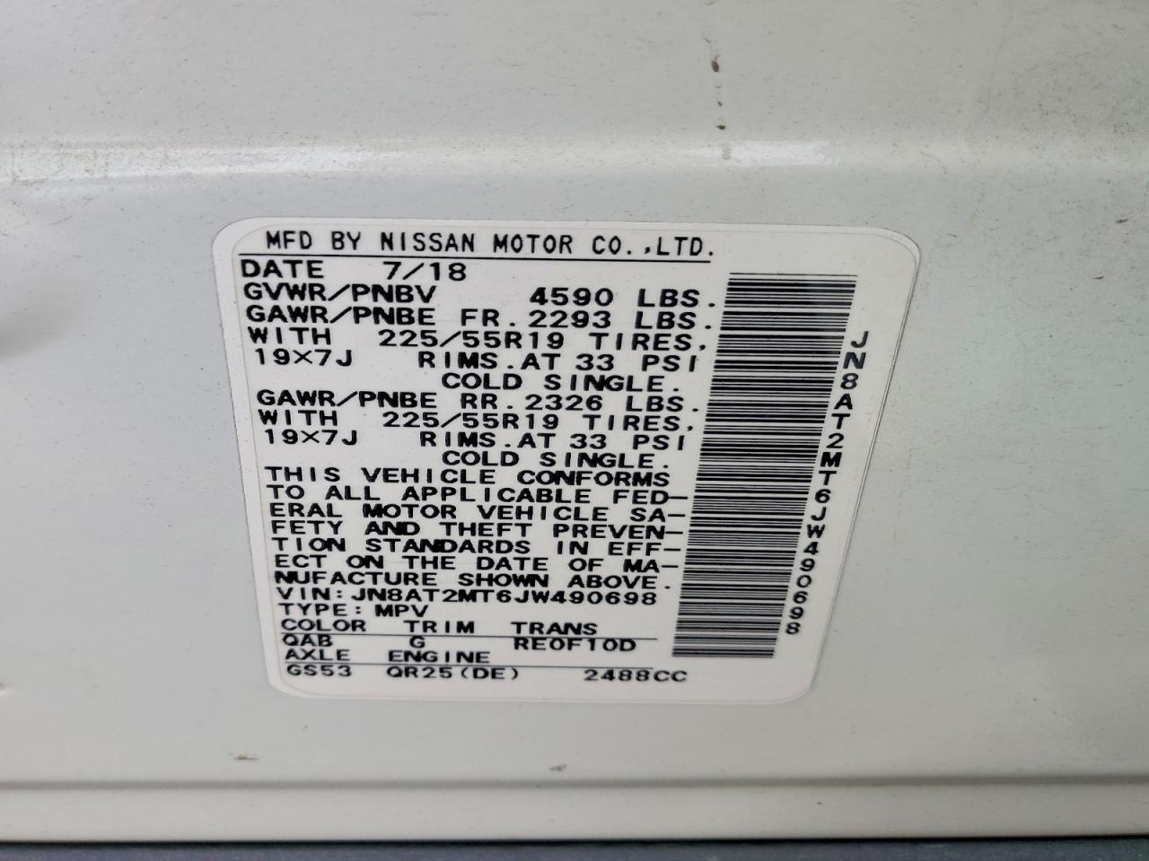 2018 Nissan Rogue Sl White vin: JN8AT2MT6JW490698