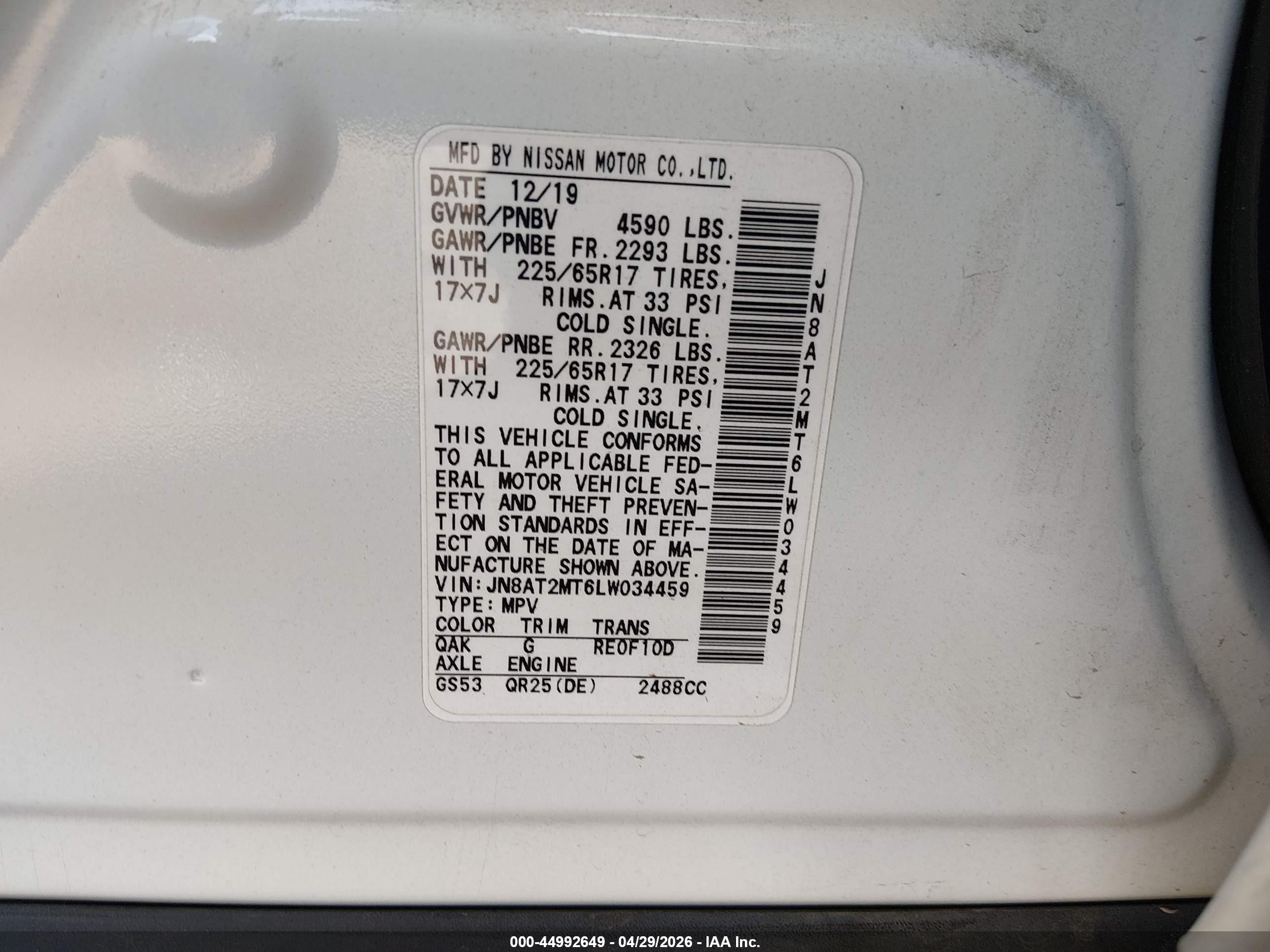2020 Nissan Rogue S Fwd White vin: JN8AT2MT6LW034459