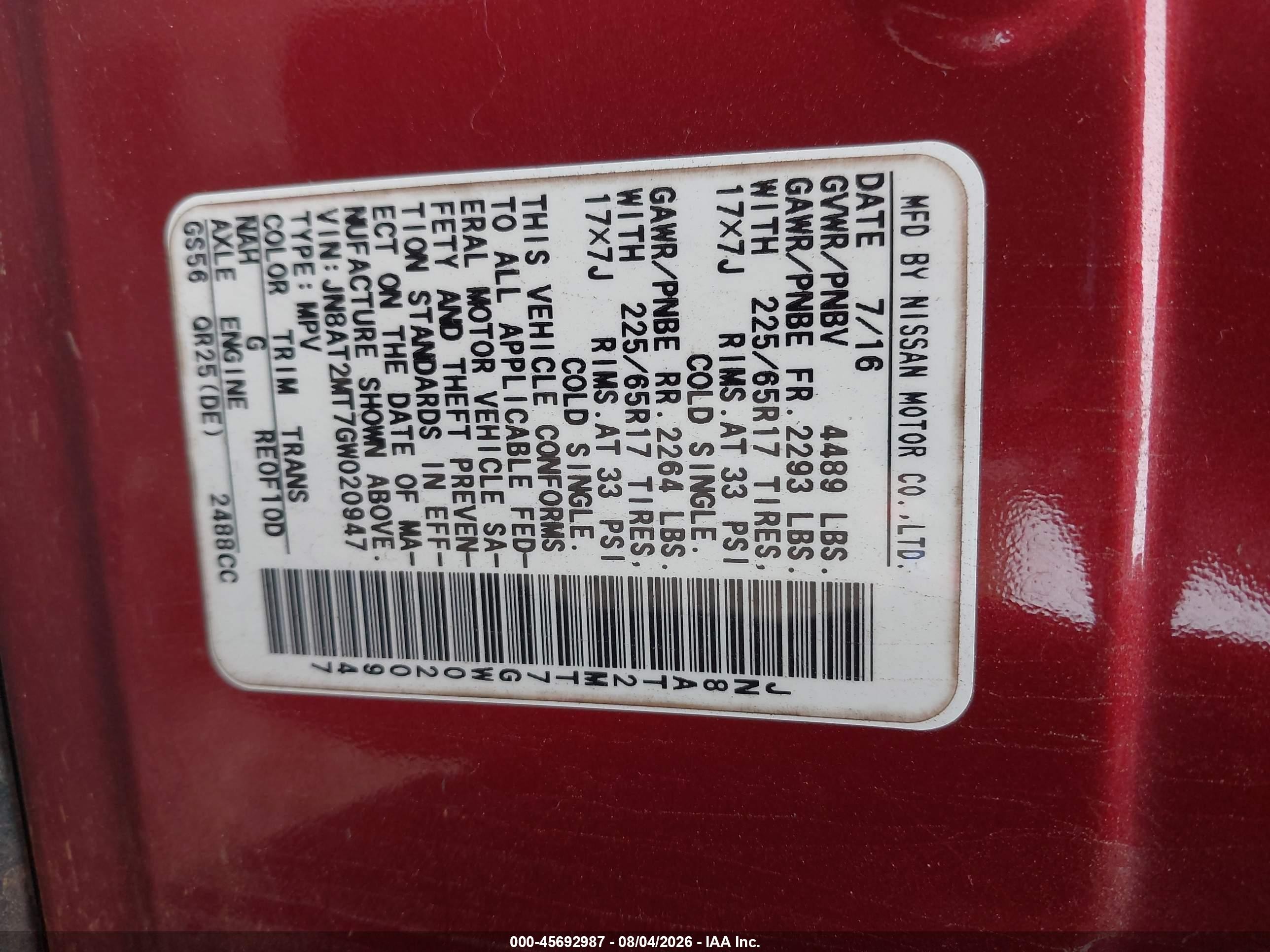 2016 Nissan Rogue S Red vin: JN8AT2MT7GW020947