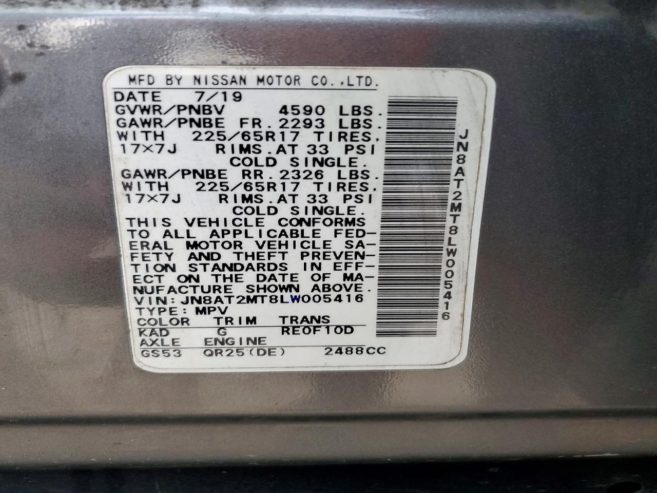 2020 Nissan Rogue Sv Charcoal vin: JN8AT2MT8LW005416