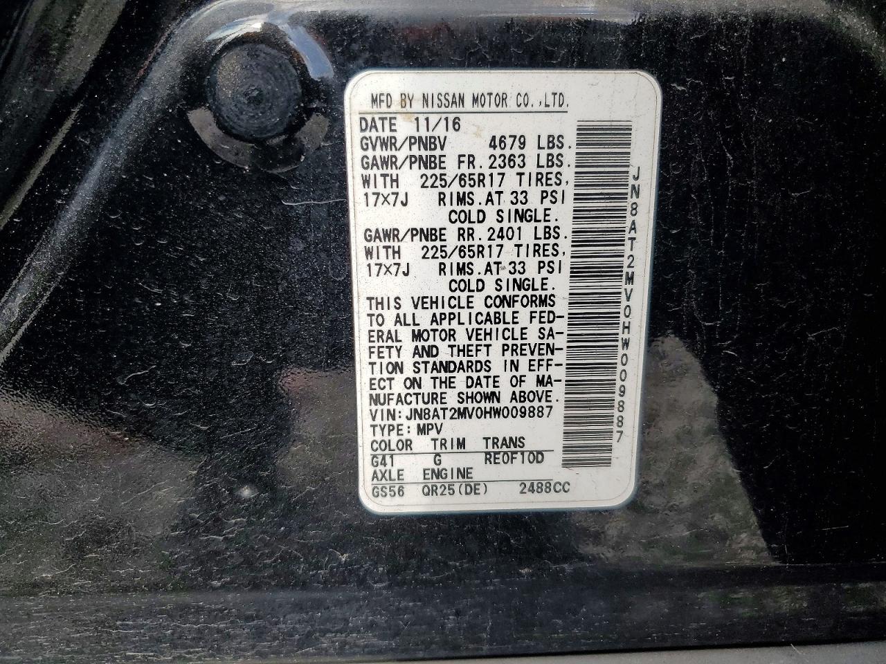 2017 Nissan Rogue Sv Black vin: JN8AT2MV0HW009887
