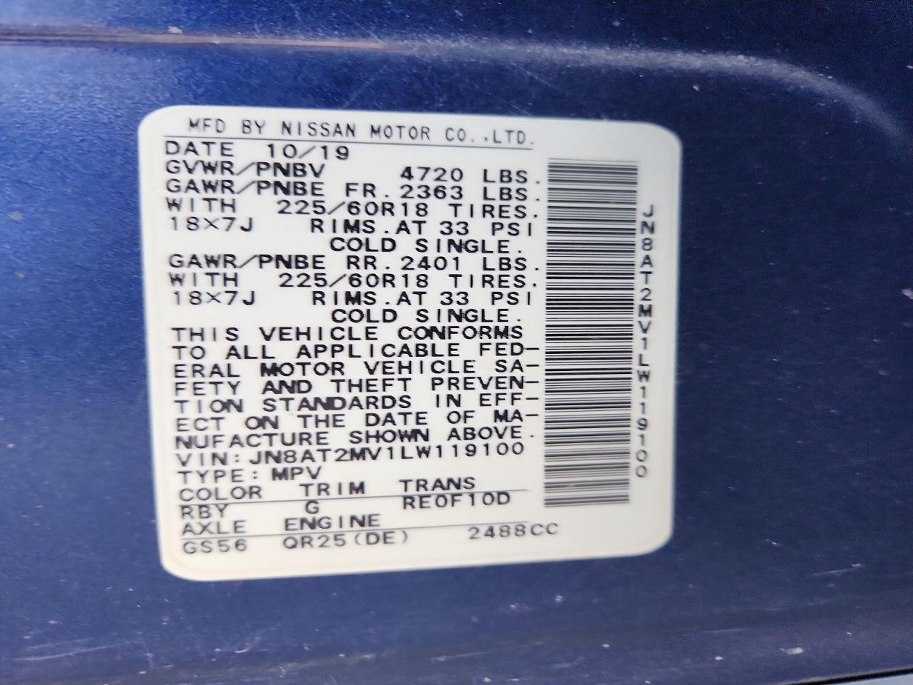 2020 Nissan Rogue Sv Blue vin: JN8AT2MV1LW119100