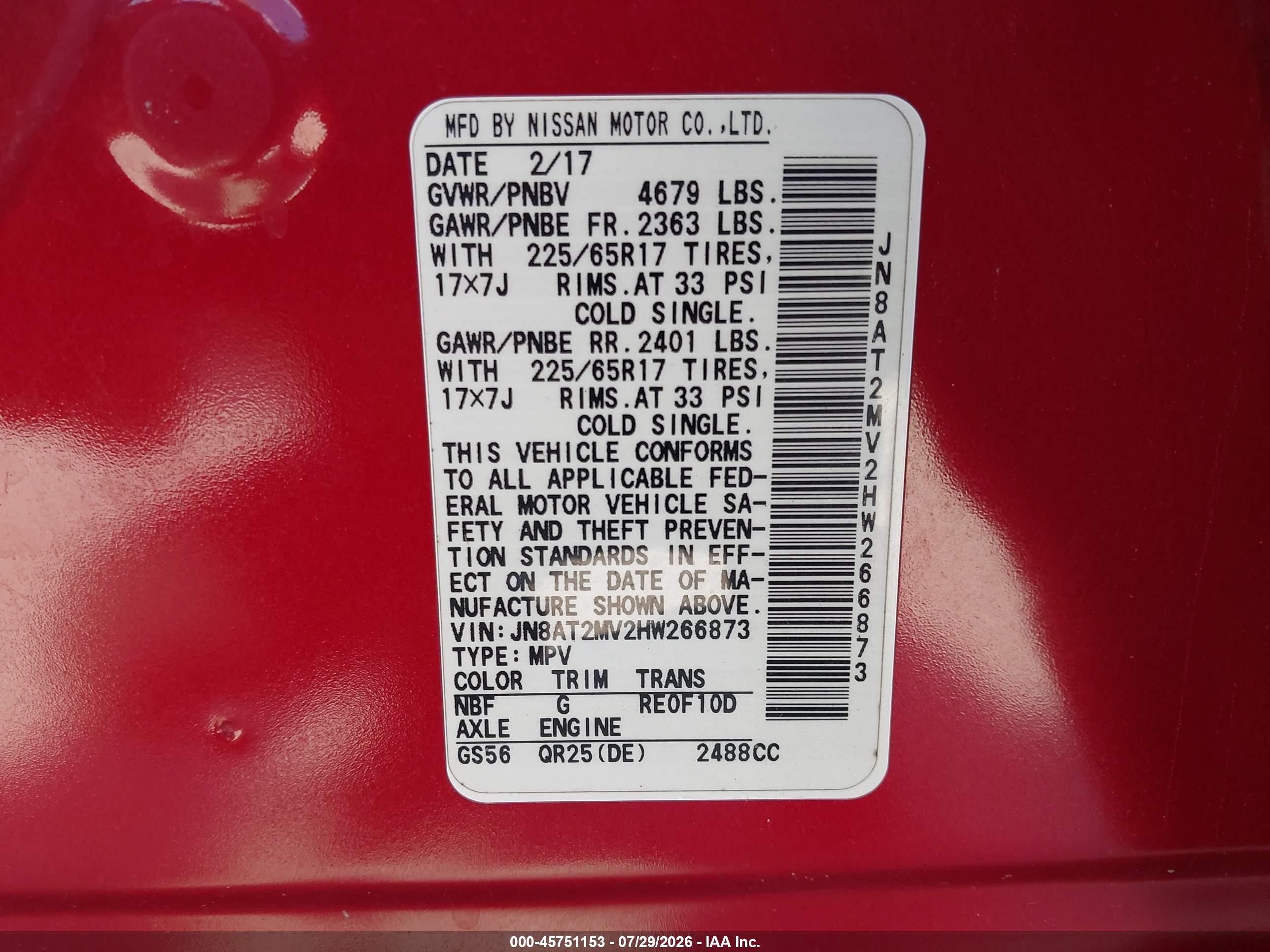 2017 Nissan Rogue S Red vin: JN8AT2MV2HW266873