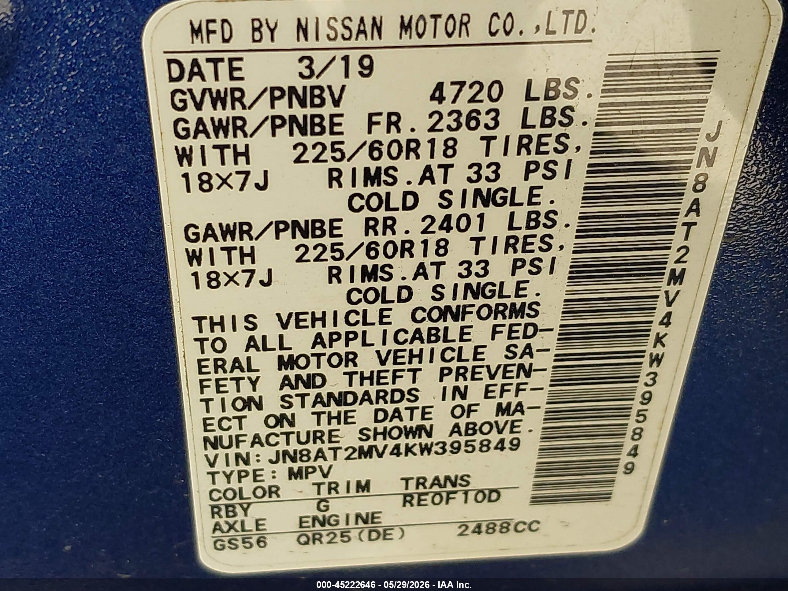2019 Nissan Rogue Sv Blue vin: JN8AT2MV4KW395849