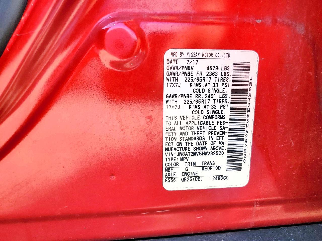 2017 Nissan Rogue Sv Red vin: JN8AT2MV5HW282520