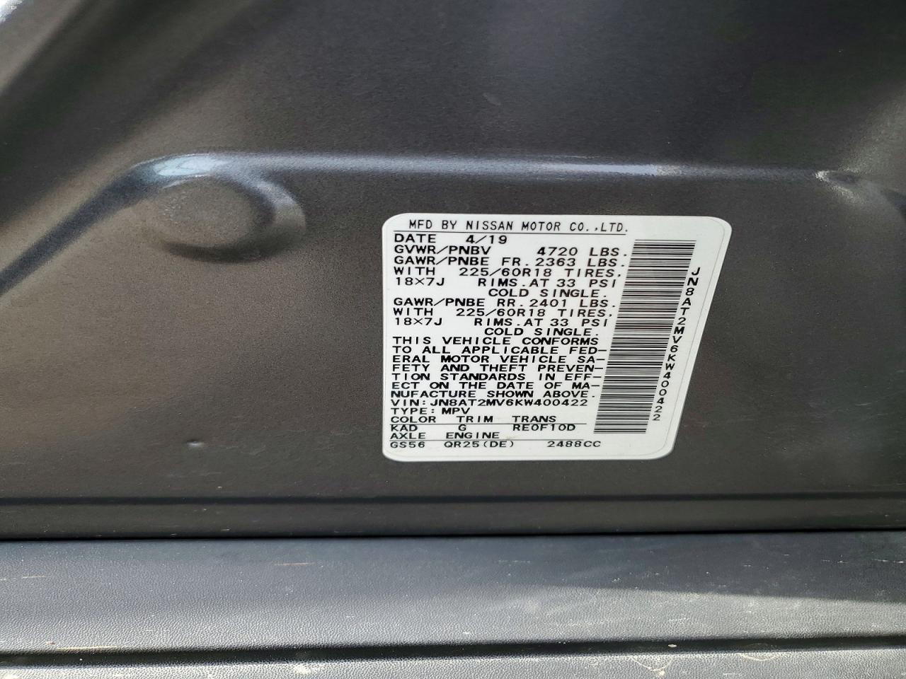 2019 Nissan Rogue Sv Gray vin: JN8AT2MV6KW400422