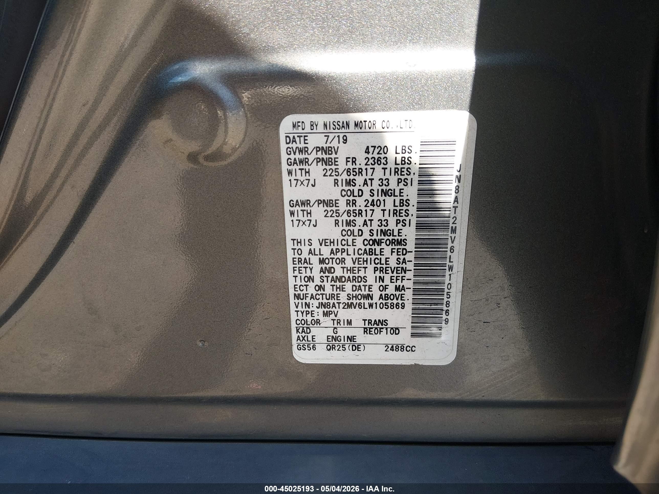2020 Nissan Rogue Sv Intelligent Awd Gray vin: JN8AT2MV6LW105869