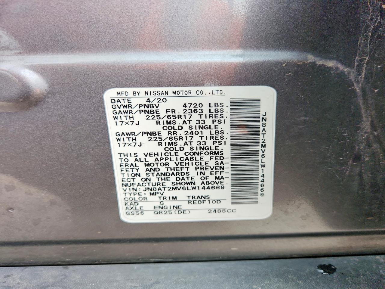 2020 Nissan Rogue Sv Gray vin: JN8AT2MV6LW144669