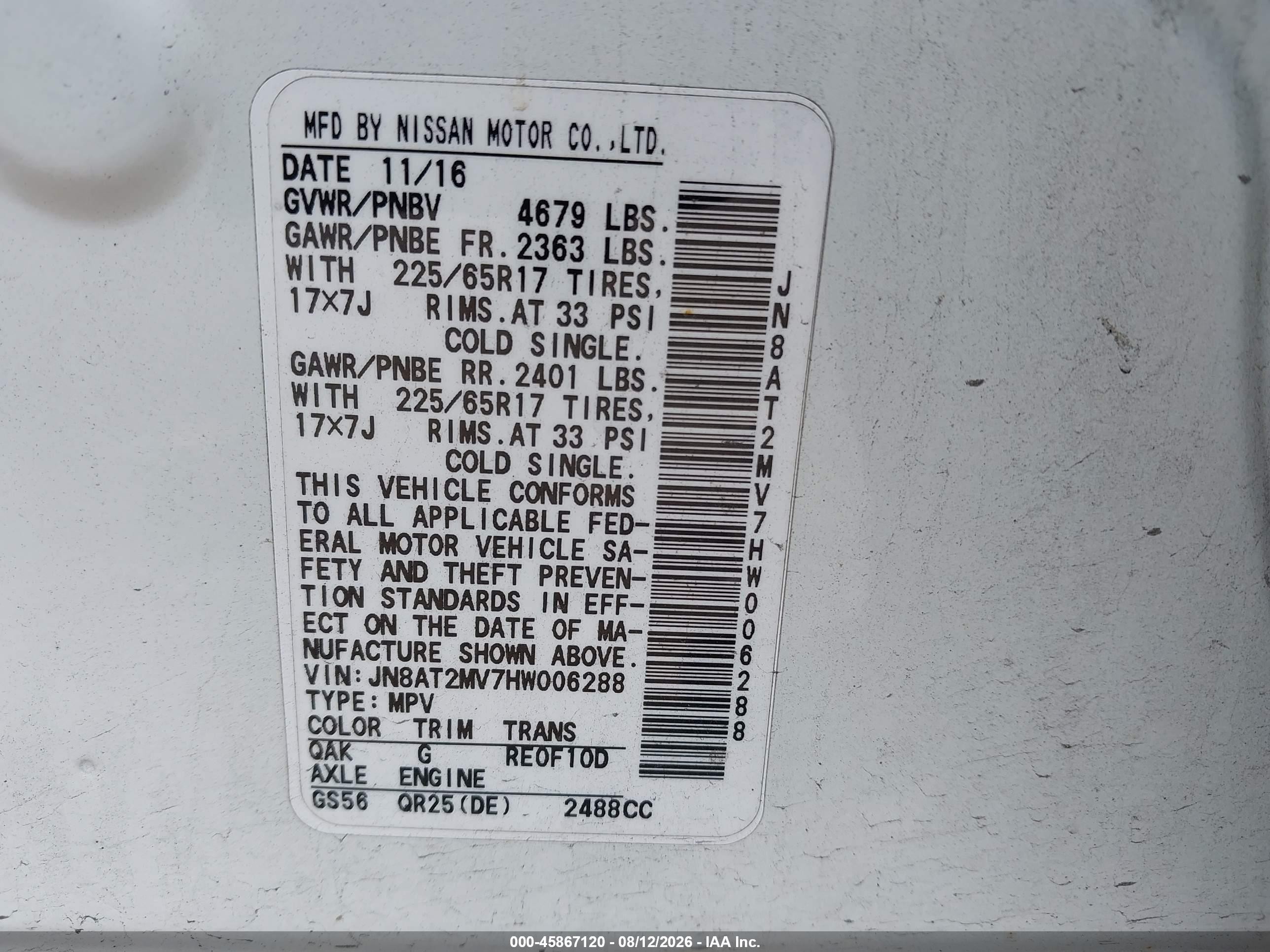 2017 Nissan Rogue S White vin: JN8AT2MV7HW006288