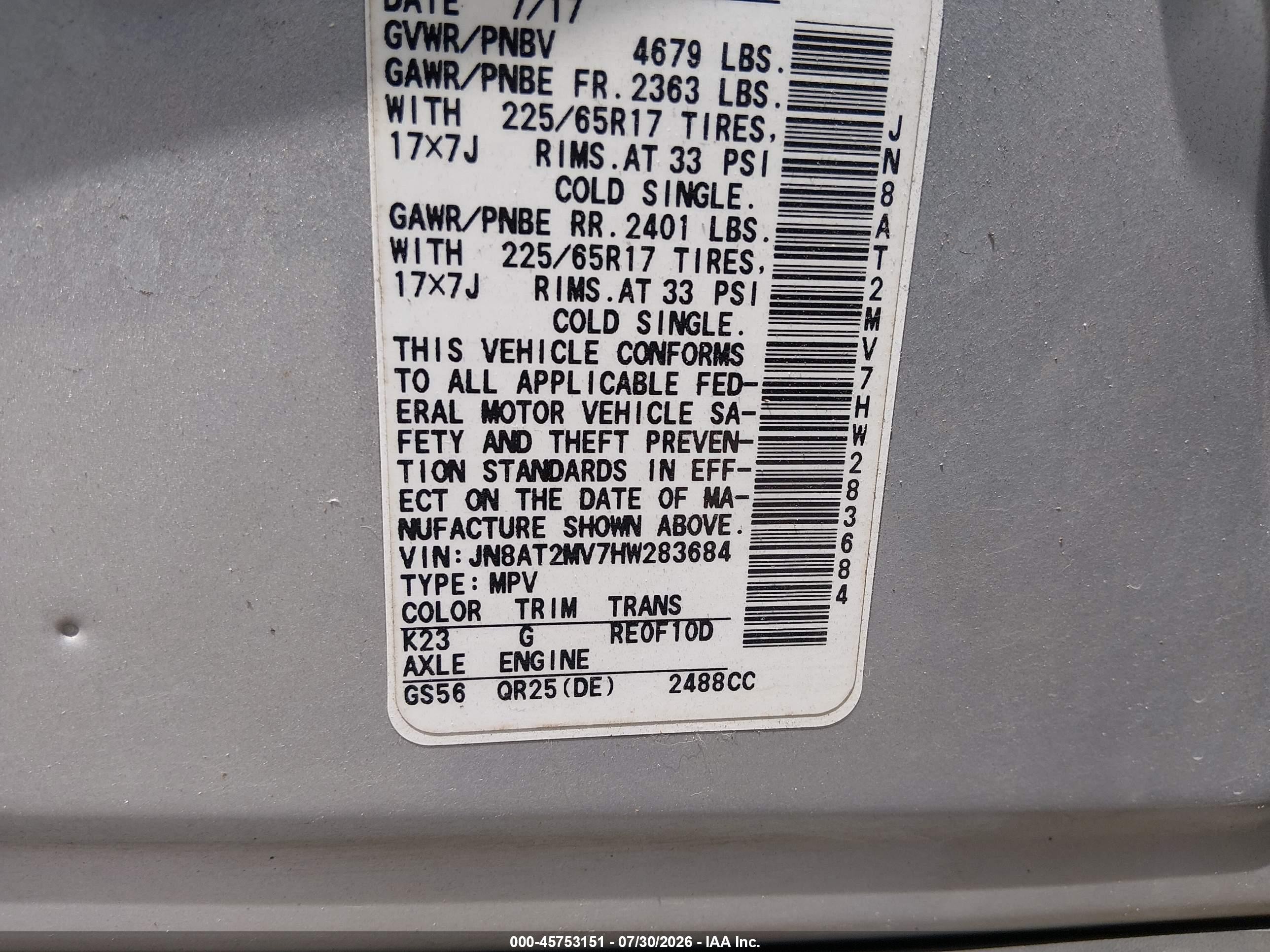 2017 Nissan Rogue Sv Gray vin: JN8AT2MV7HW283684