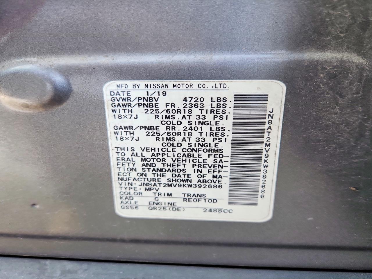 2019 Nissan Rogue Sv Gray vin: JN8AT2MV9KW392686