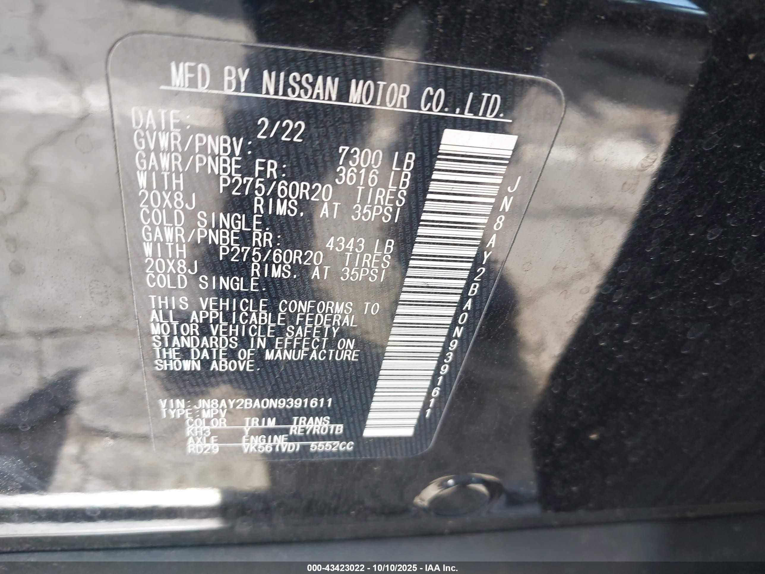 2022 Nissan Armada Sl 2wd Черный vin: JN8AY2BA0N9391611