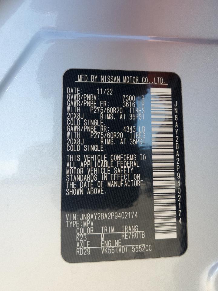 2023 Nissan Armada Sl Silver vin: JN8AY2BA2P9402174