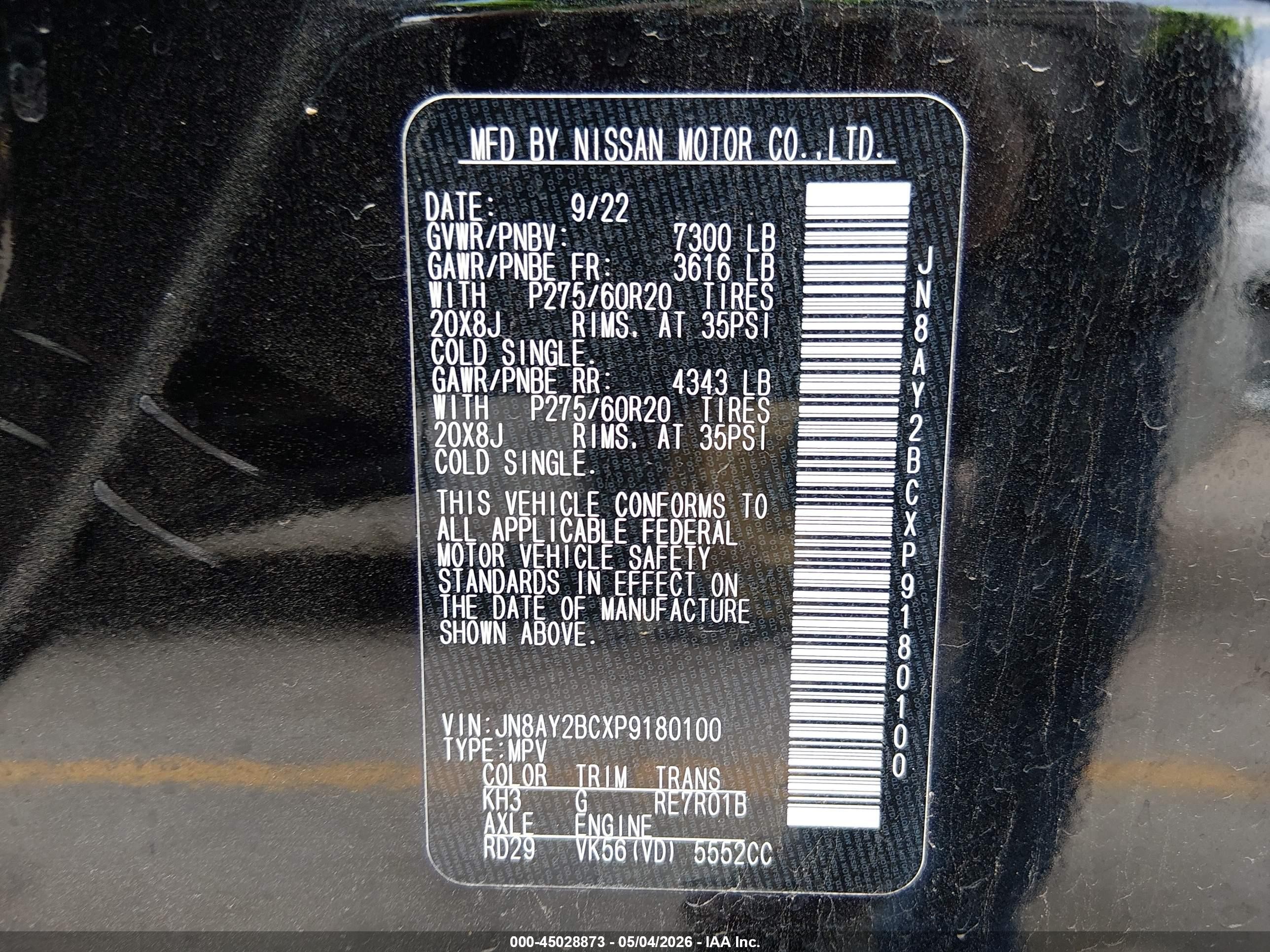 2023 Nissan Armada Sl 2wd Black vin: JN8AY2BCXP9180100