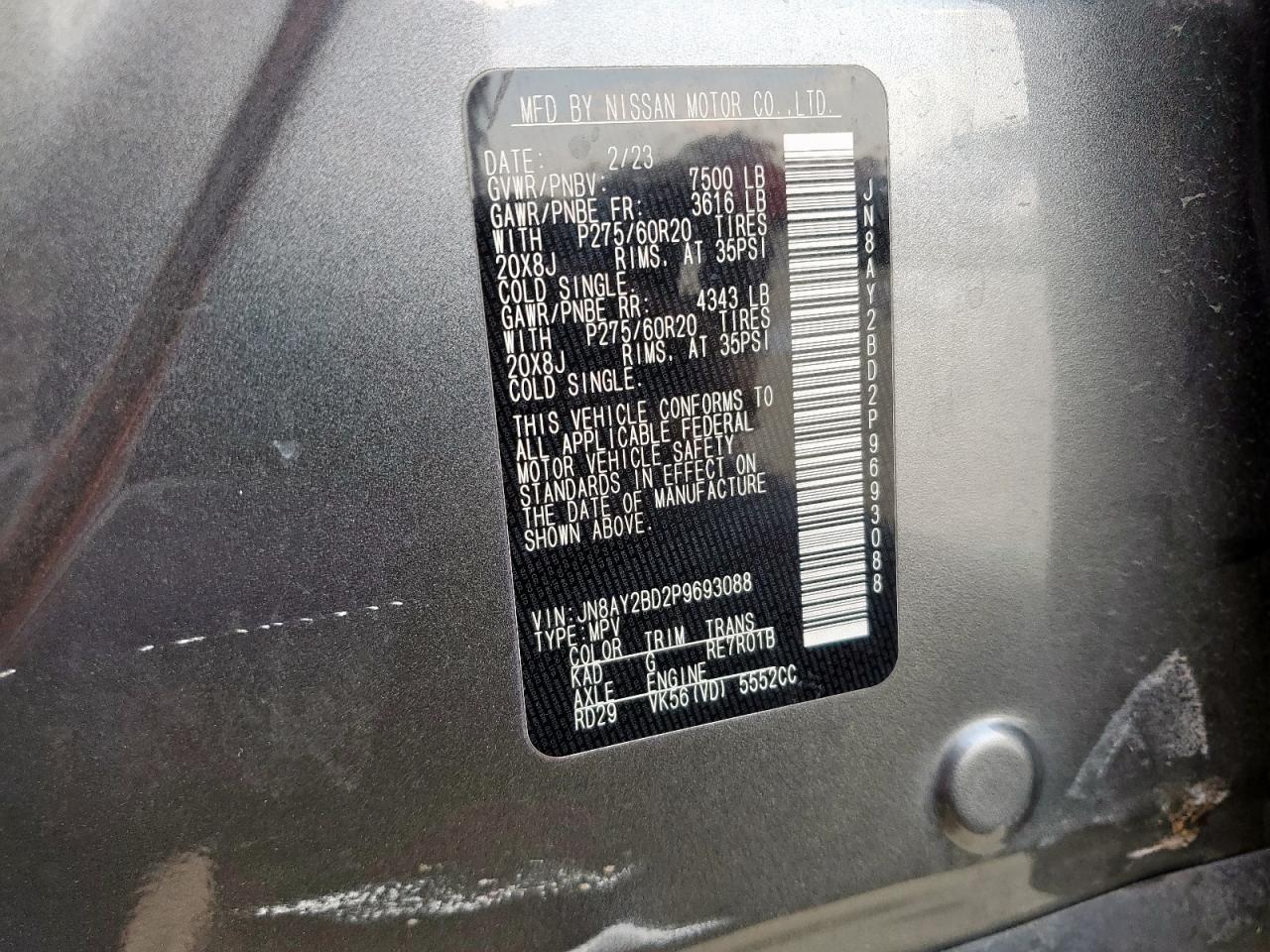 2023 Nissan Armada Sl Charcoal vin: JN8AY2BD2P9693088