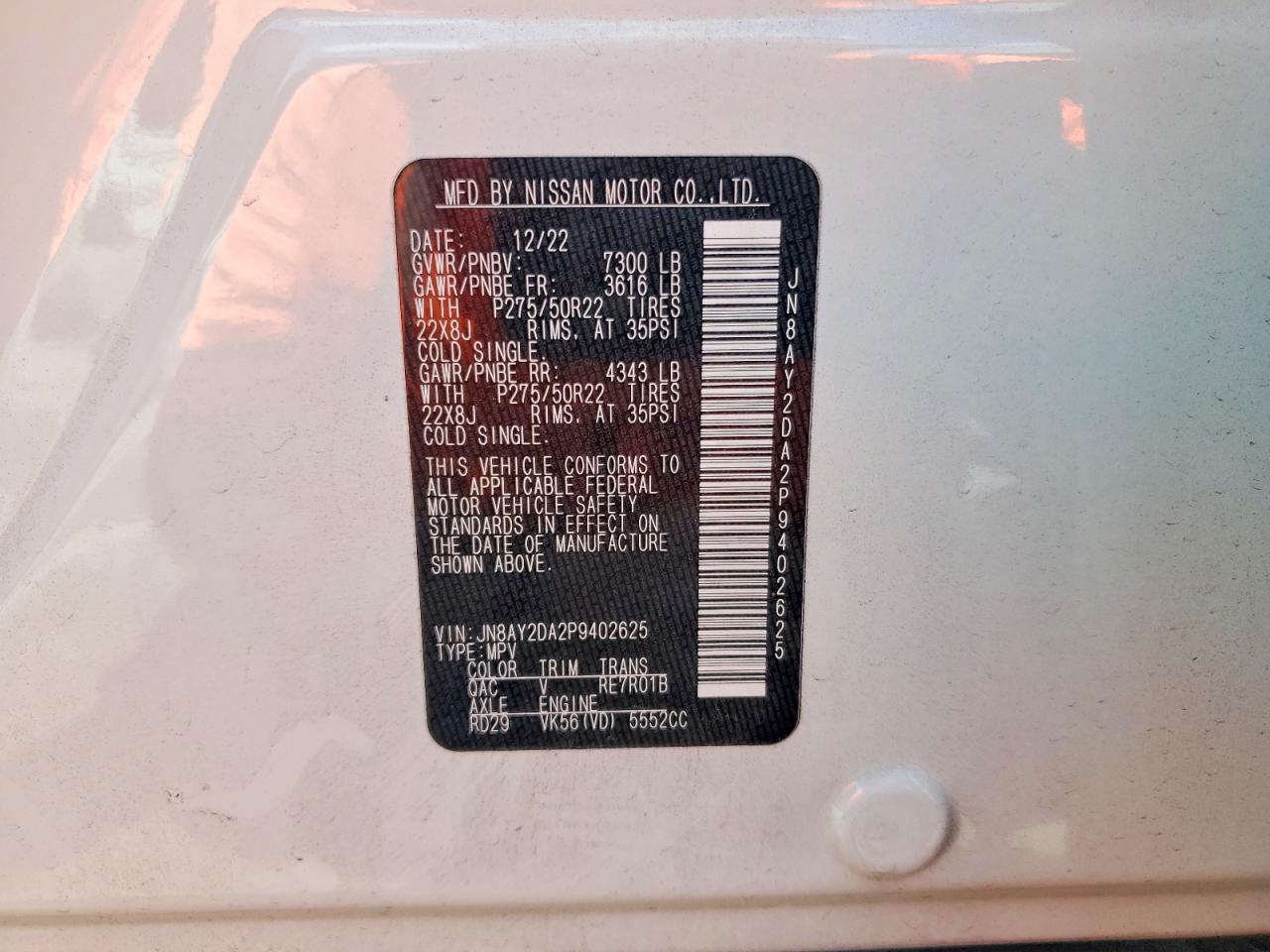 2023 Nissan Armada Platinum White vin: JN8AY2DA2P9402625