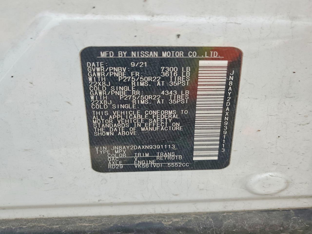 2022 Nissan Armada Platinum White vin: JN8AY2DAXN9391113
