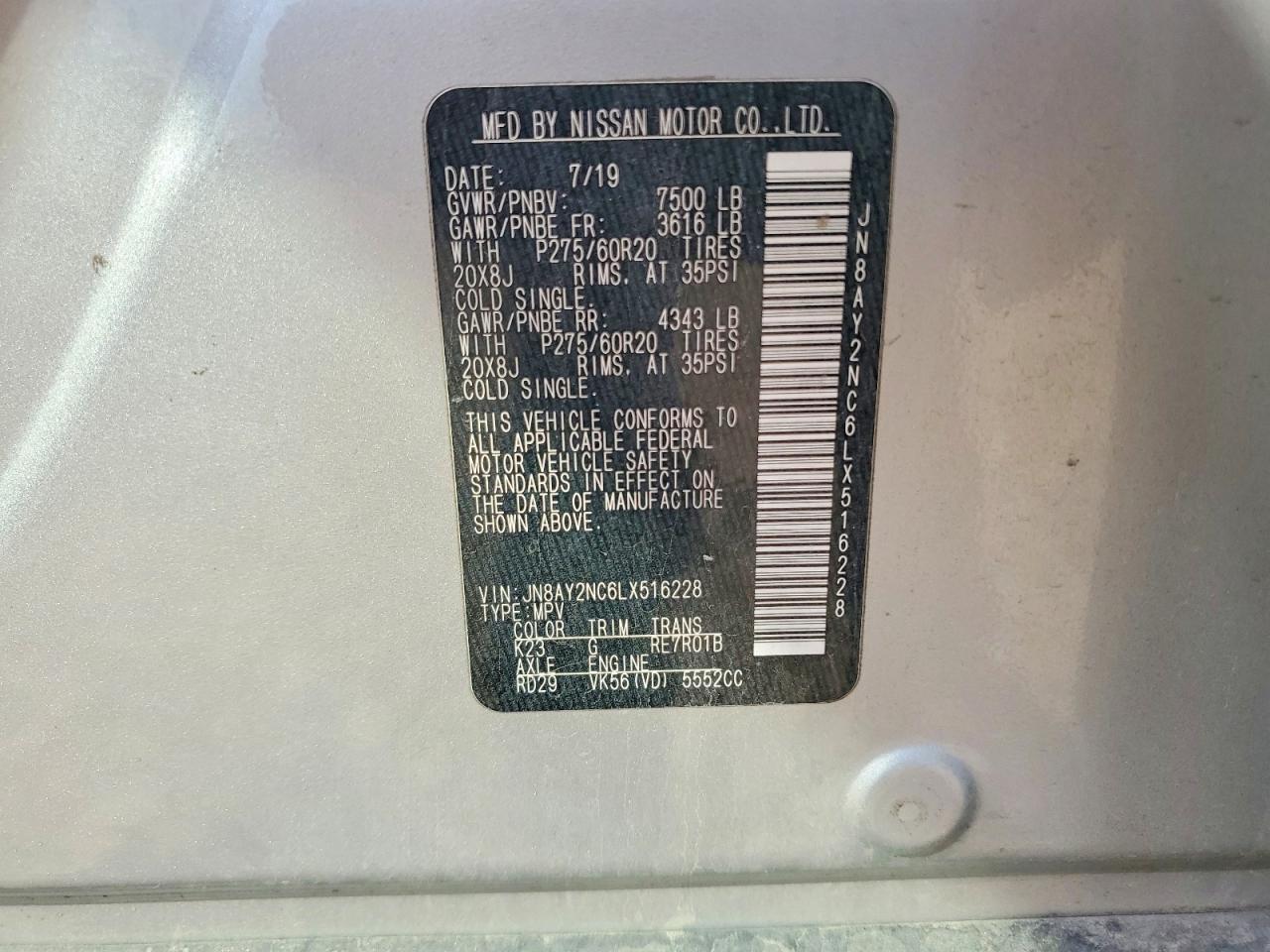 2020 Nissan Armada Silver vin: JN8AY2NC6LX516228