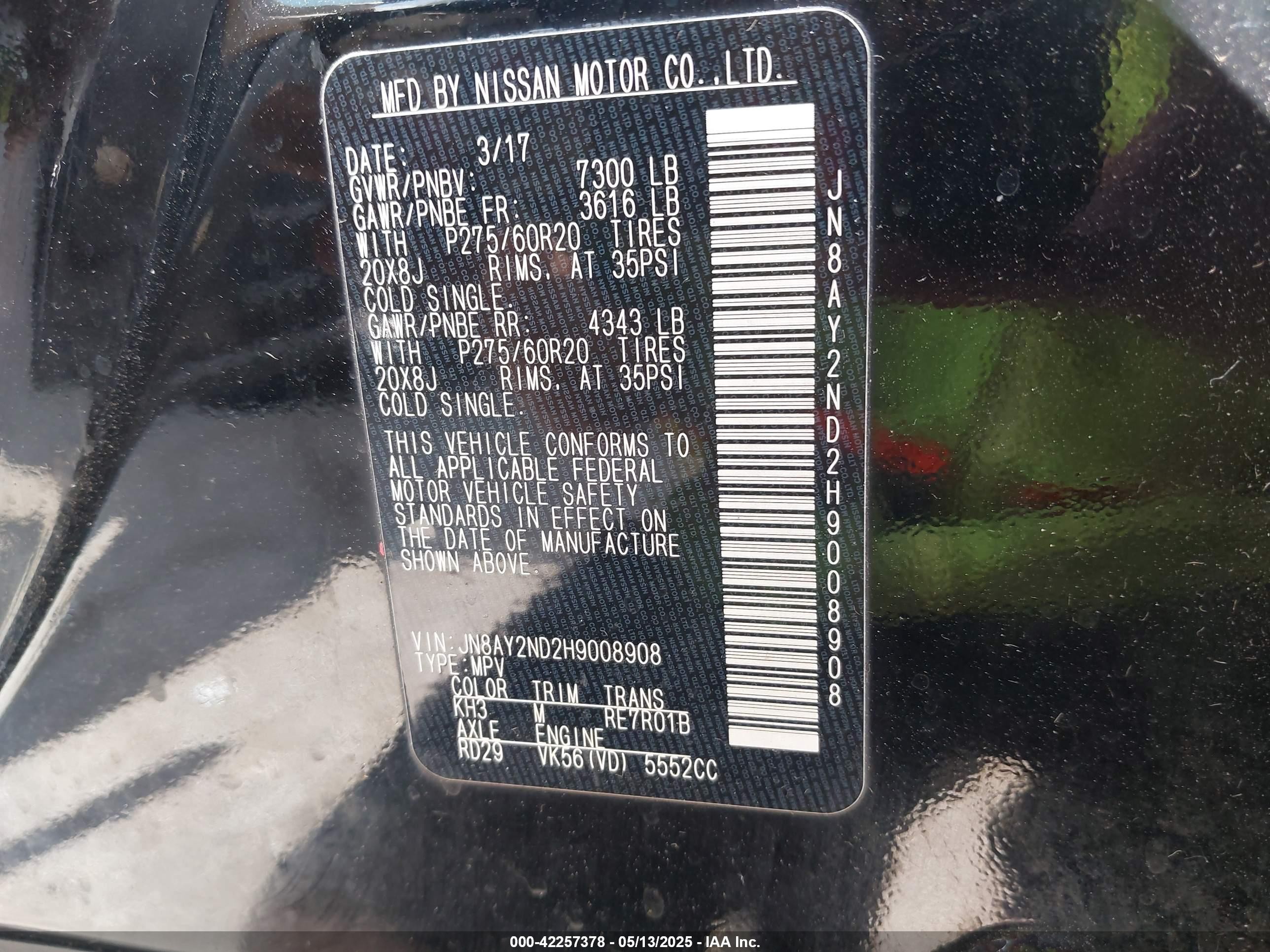 2017 Nissan Armada Platinum Black vin: JN8AY2ND2H9008908