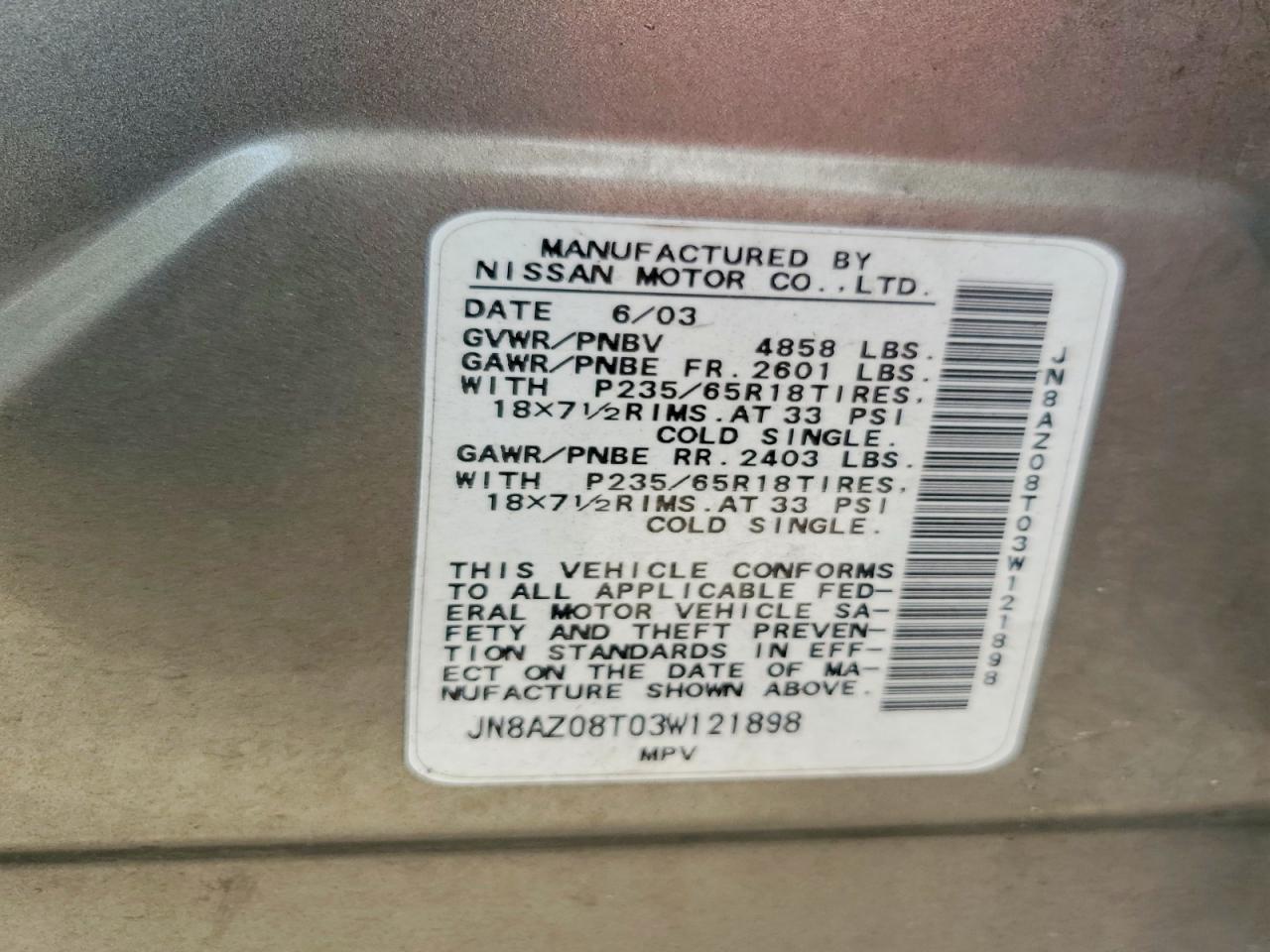 2003 Nissan Murano Sl Gray vin: JN8AZ08T03W121898