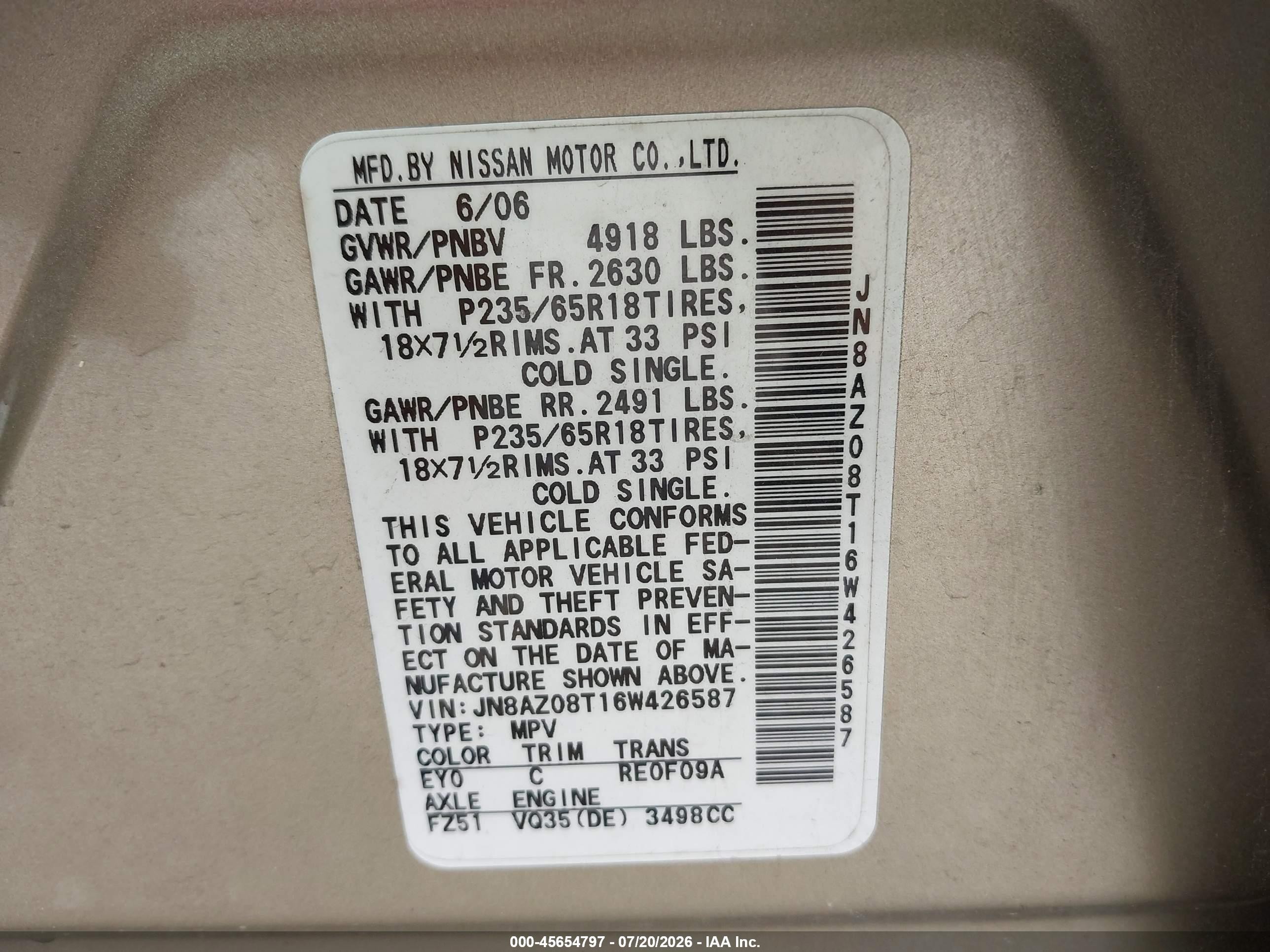 2006 Nissan Murano Sl Золотой vin: JN8AZ08T16W426587