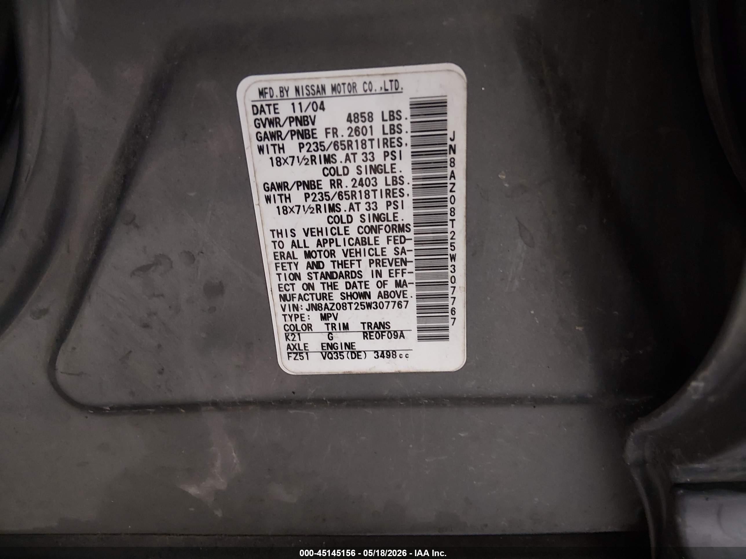 2005 Nissan Murano Sl Gray vin: JN8AZ08T25W307767