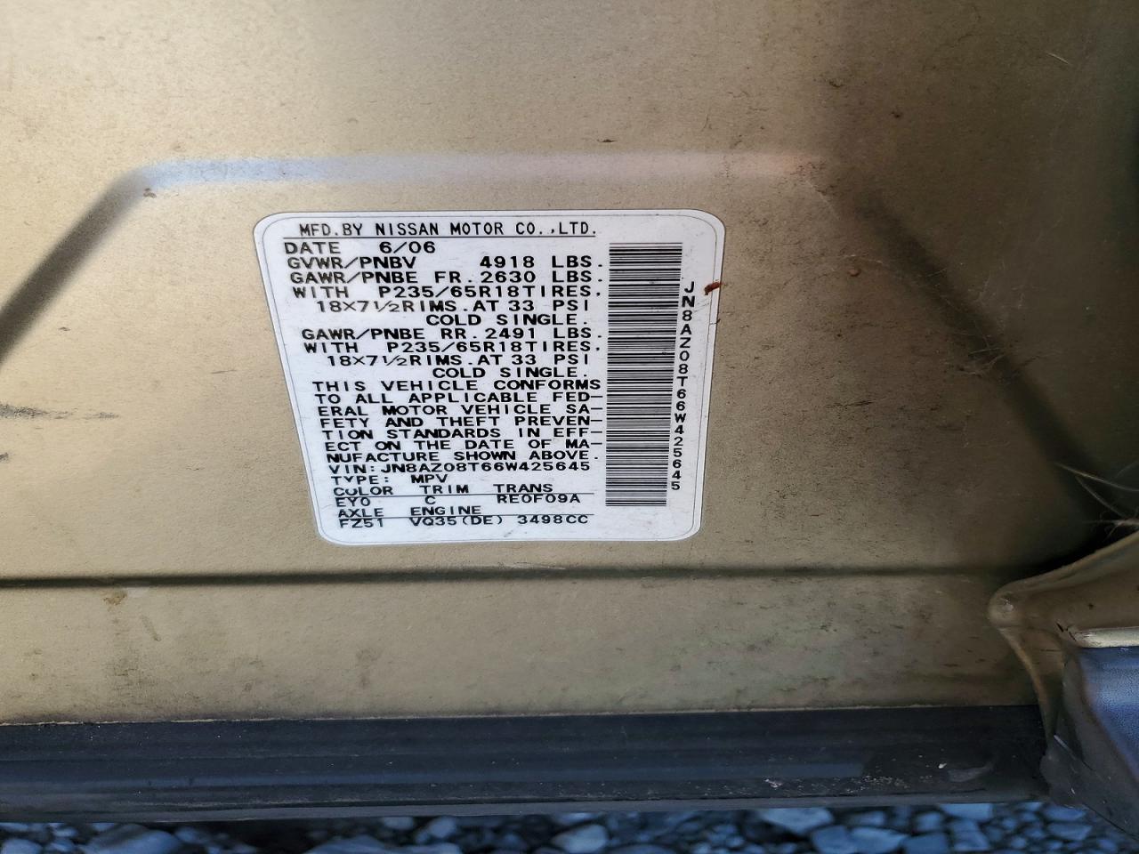 2006 Nissan Murano S Желто-коричневый vin: JN8AZ08T66W425645