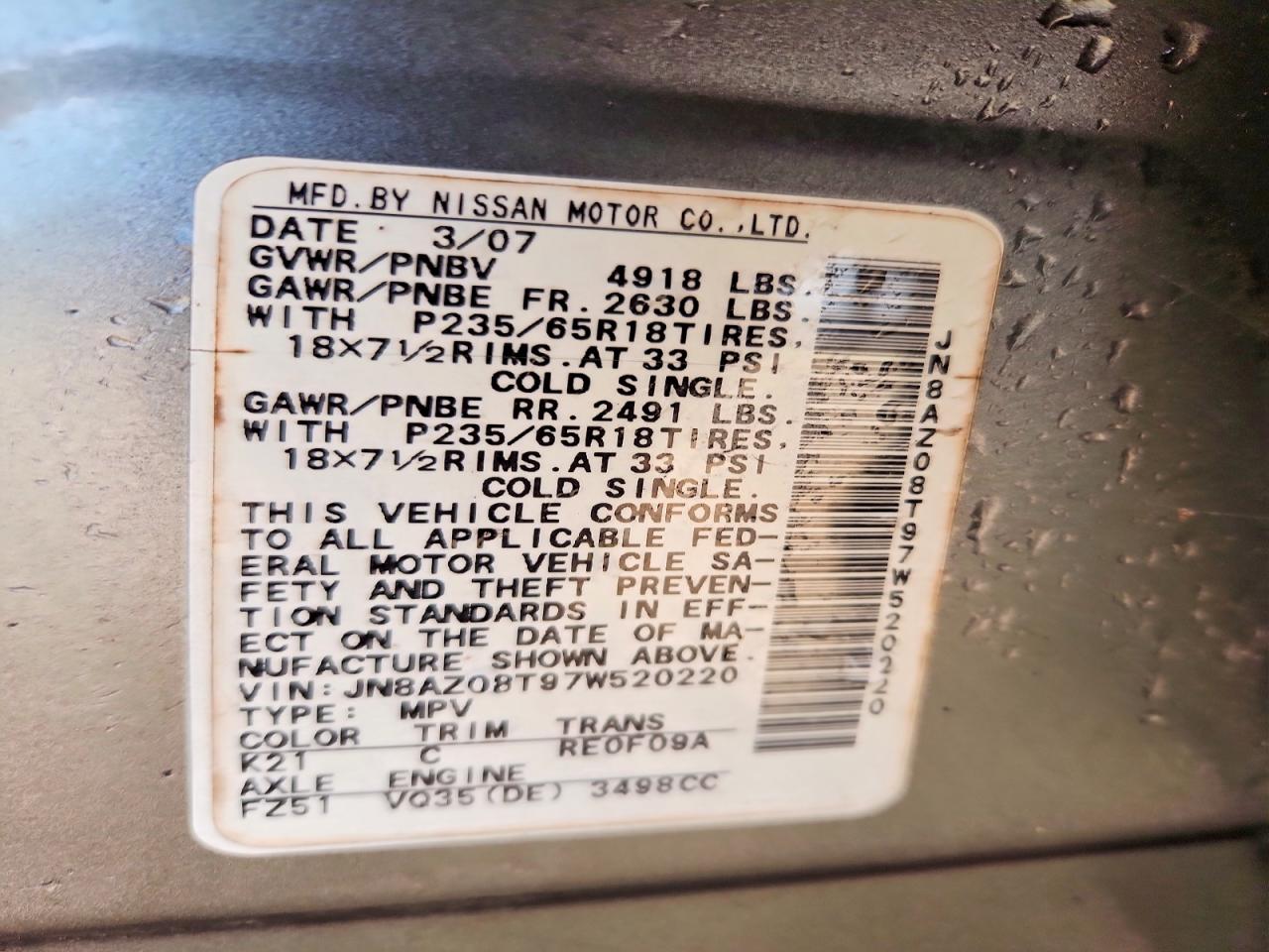 2007 Nissan Murano S Gray vin: JN8AZ08T97W520220