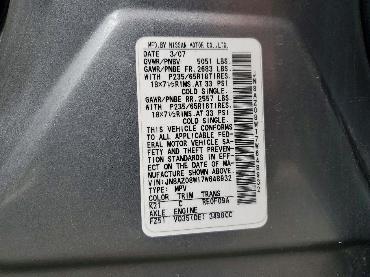 2007 Nissan Murano S Charcoal vin: JN8AZ08W17W648932
