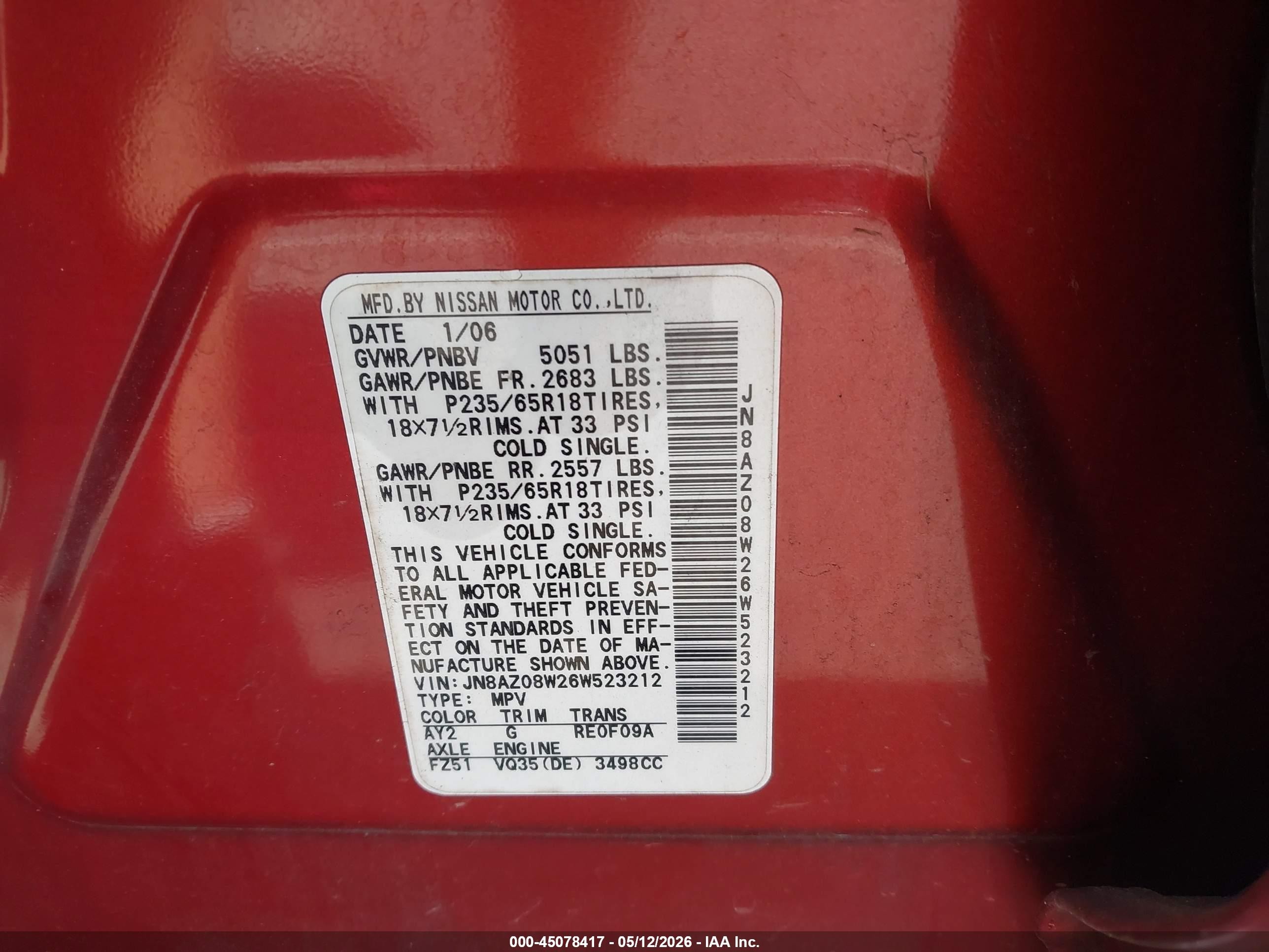 2006 Nissan Murano Sl Red vin: JN8AZ08W26W523212