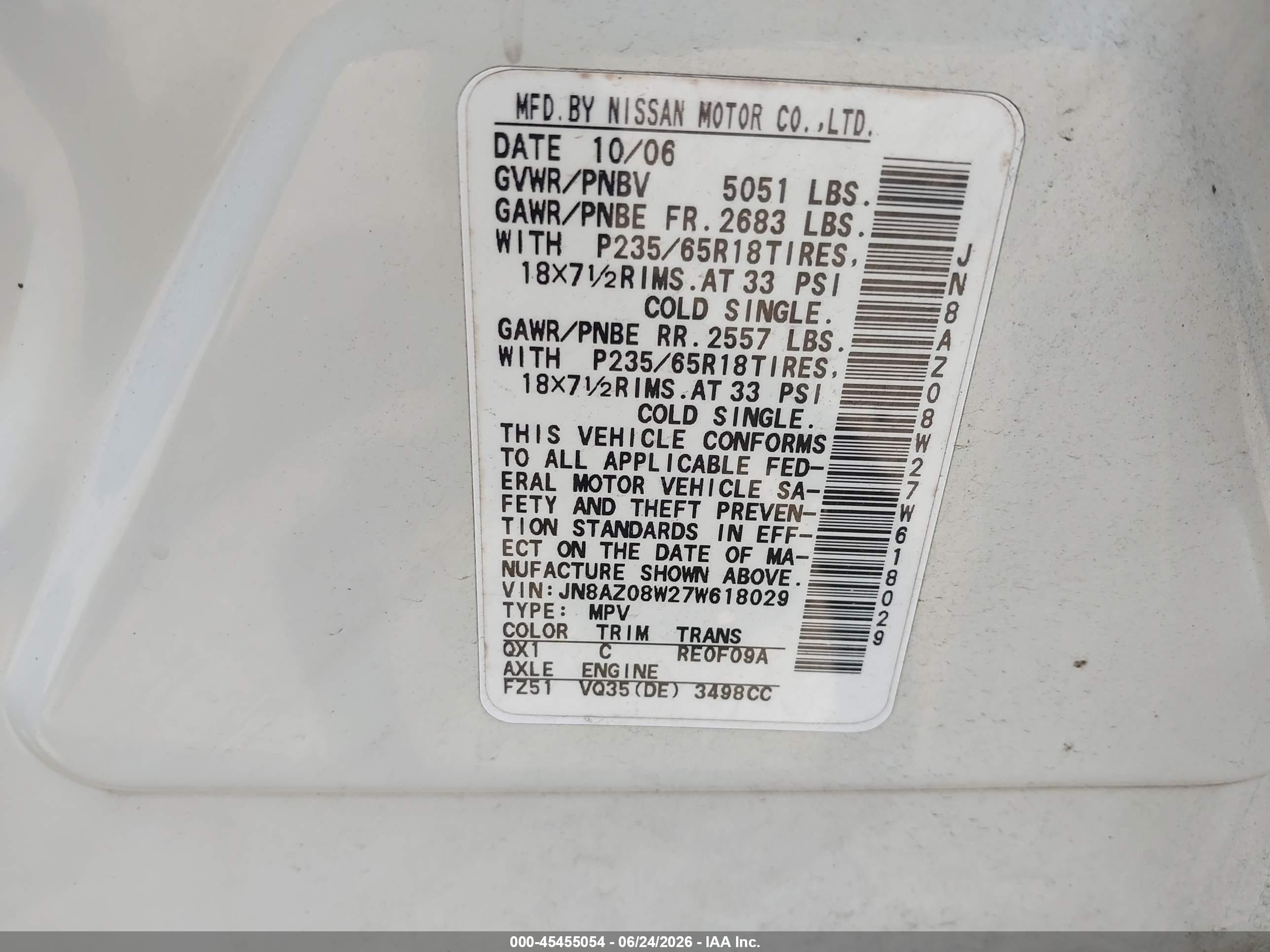 2007 Nissan Murano Sl White vin: JN8AZ08W27W618029