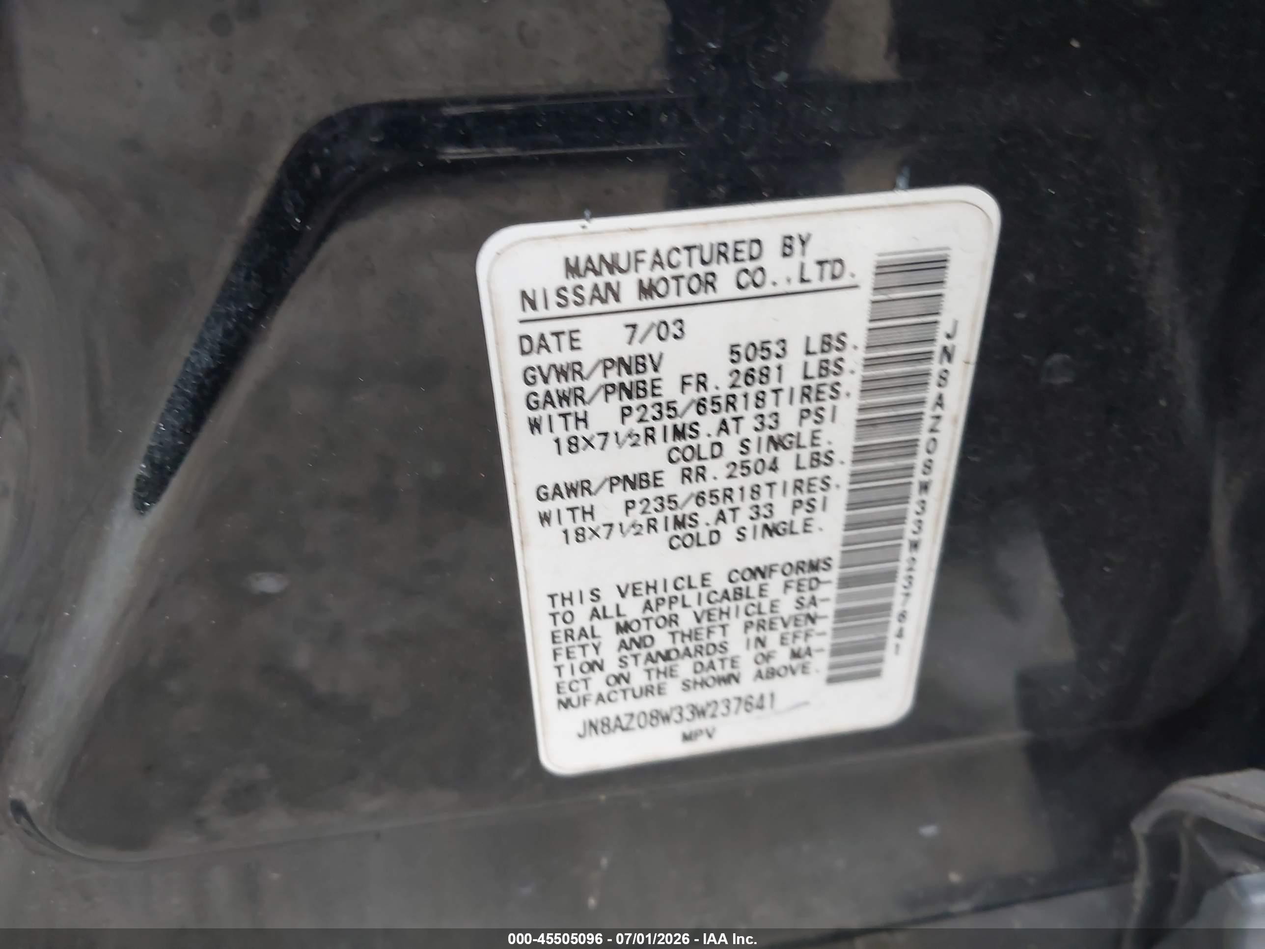 2003 Nissan Murano Sl Black vin: JN8AZ08W33W237641