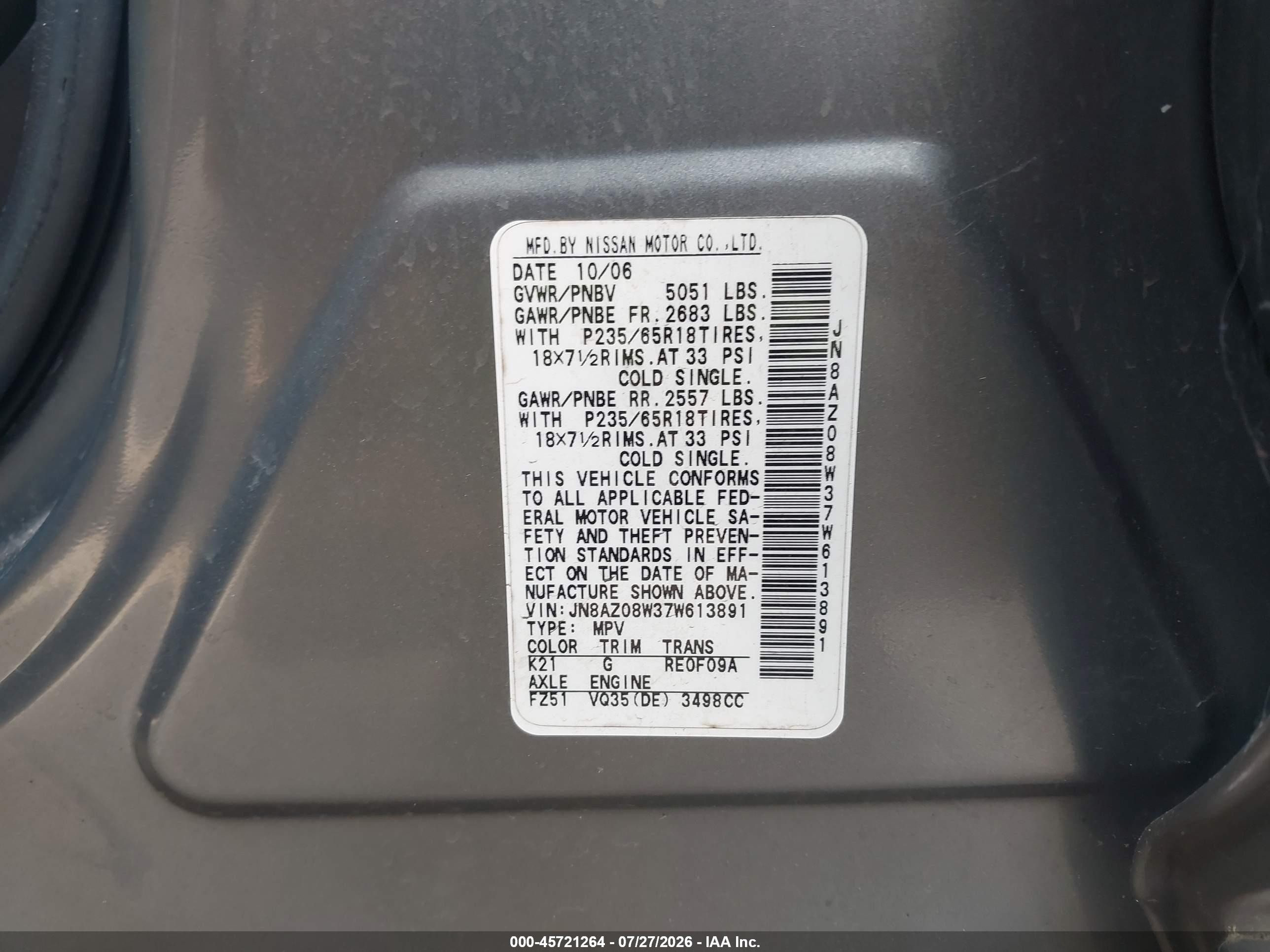 2007 Nissan Murano Sl Black vin: JN8AZ08W37W613891