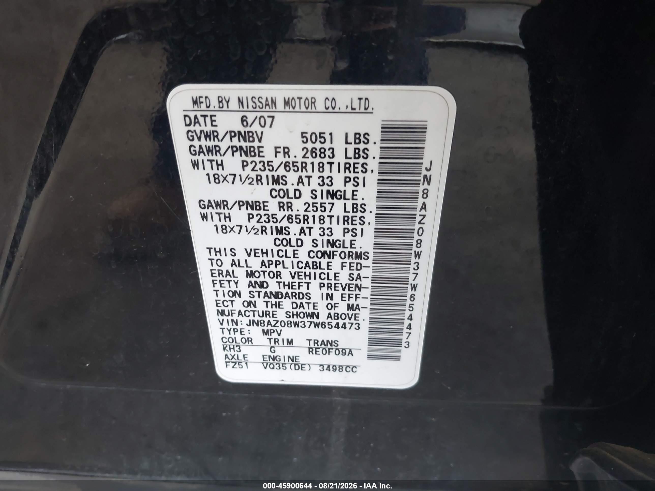 2007 Nissan Murano Sl Black vin: JN8AZ08W37W654473