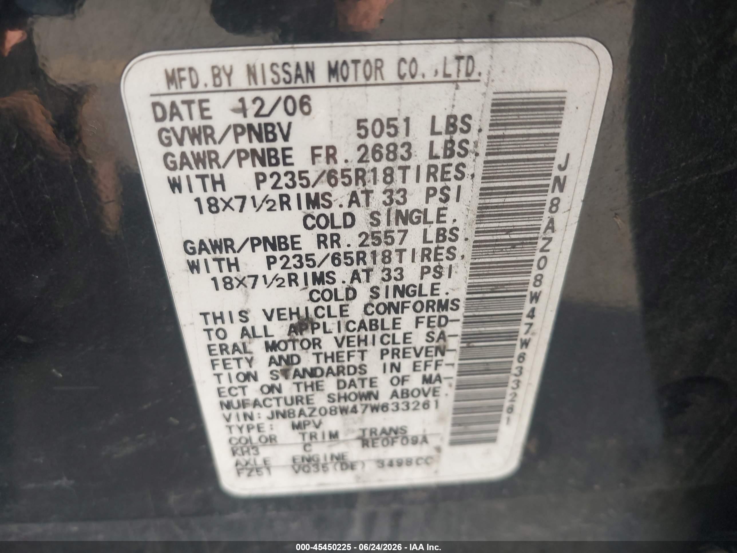 2007 Nissan Murano S Black vin: JN8AZ08W47W633261