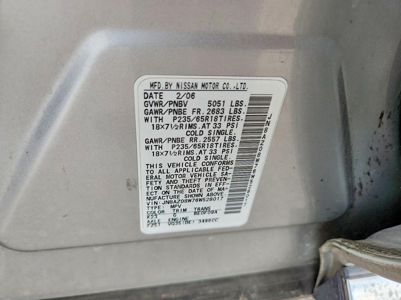 2006 Nissan Murano S Silver vin: JN8AZ08W76W528017