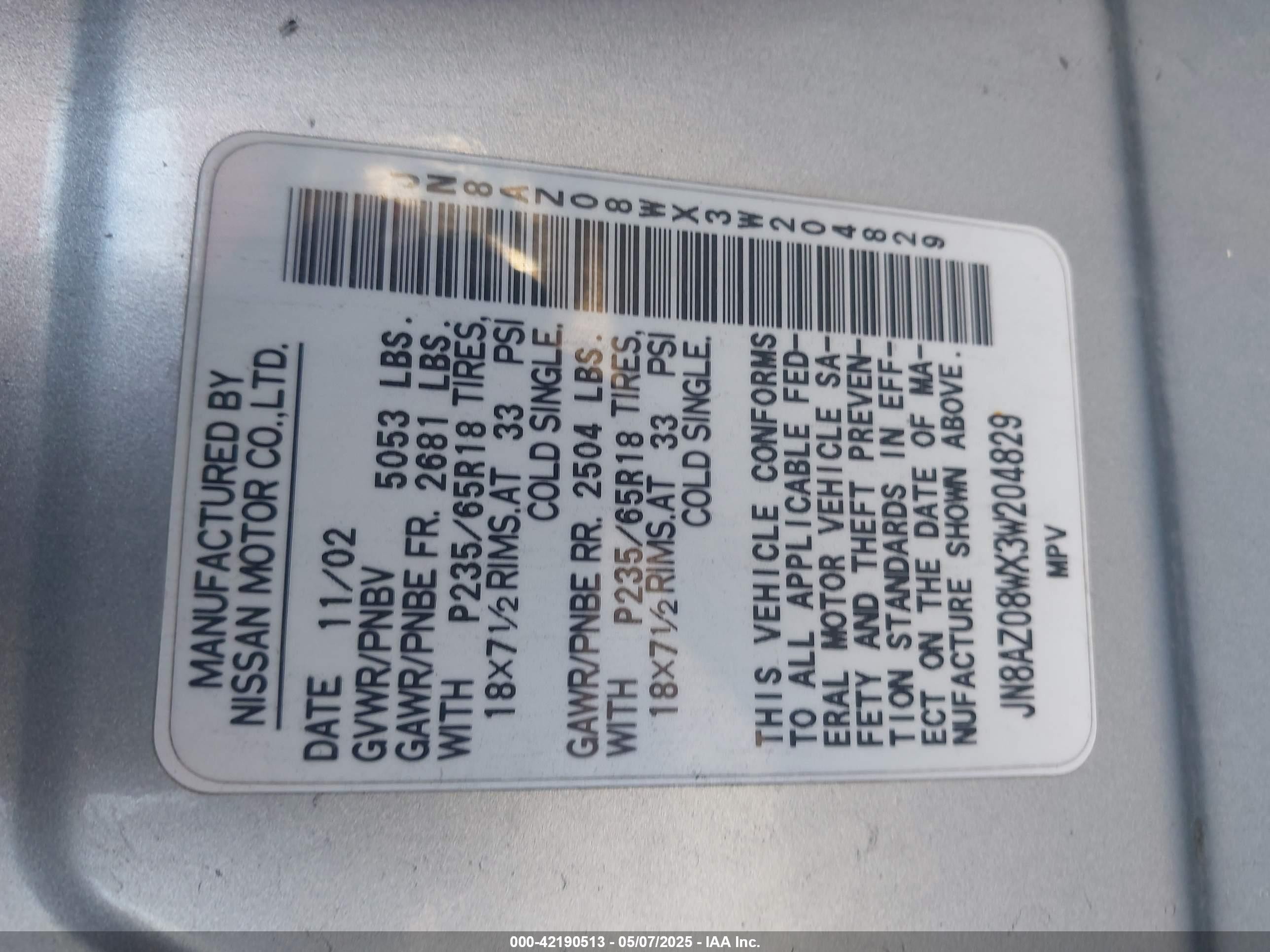 2003 Nissan Murano Sl Серебряный vin: JN8AZ08WX3W204829
