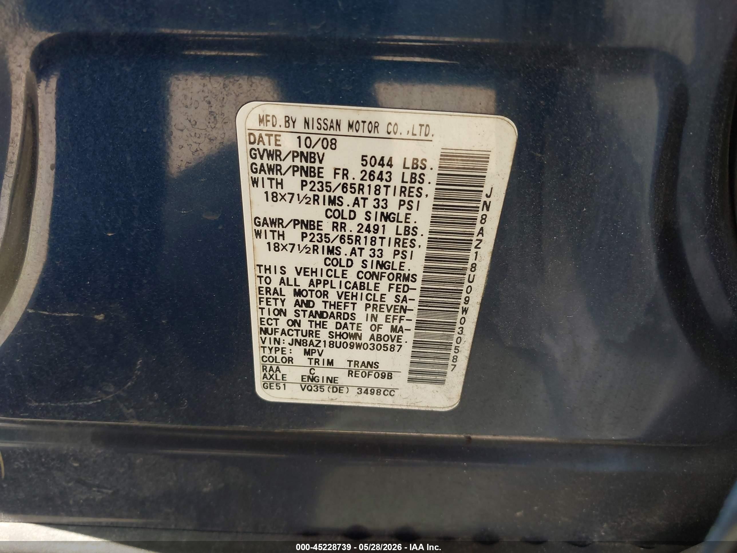 2009 Nissan Murano Sl Blue vin: JN8AZ18U09W030587