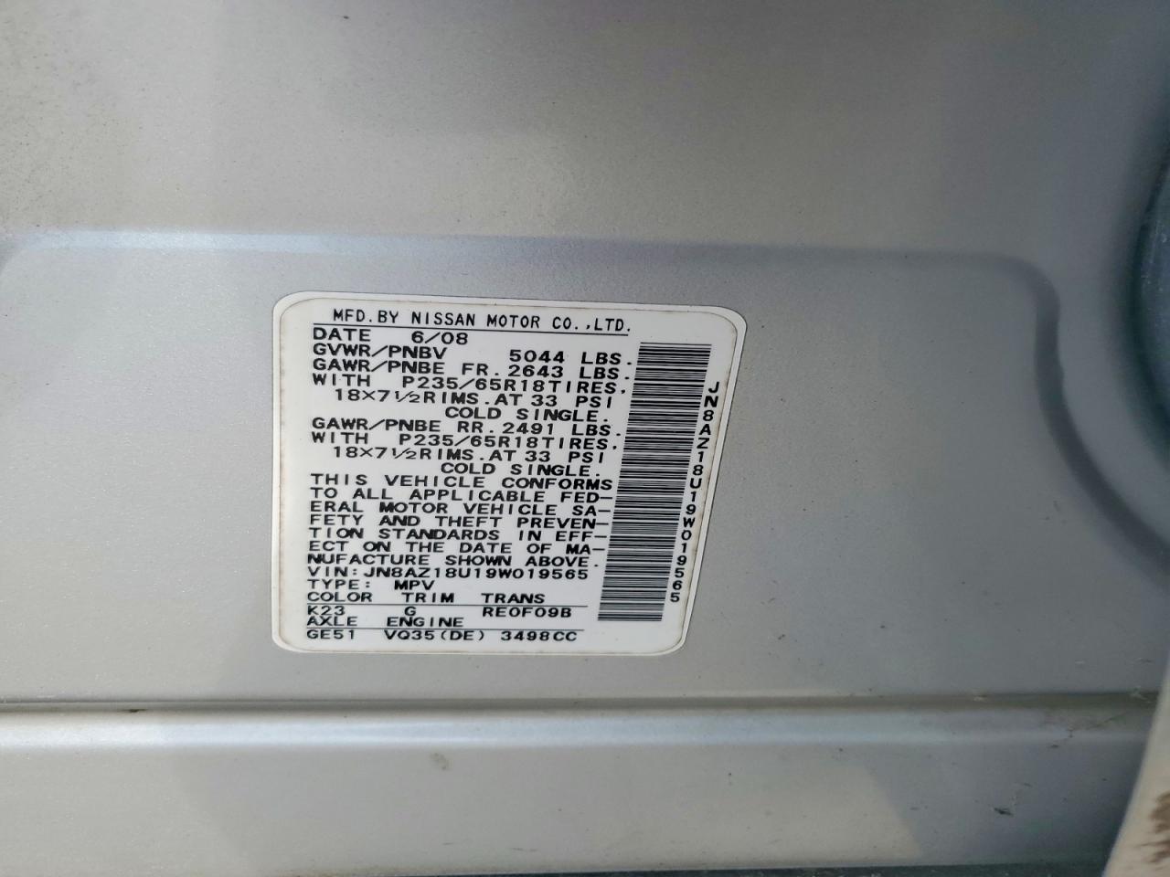 2009 Nissan Murano S Silver vin: JN8AZ18U19W019565