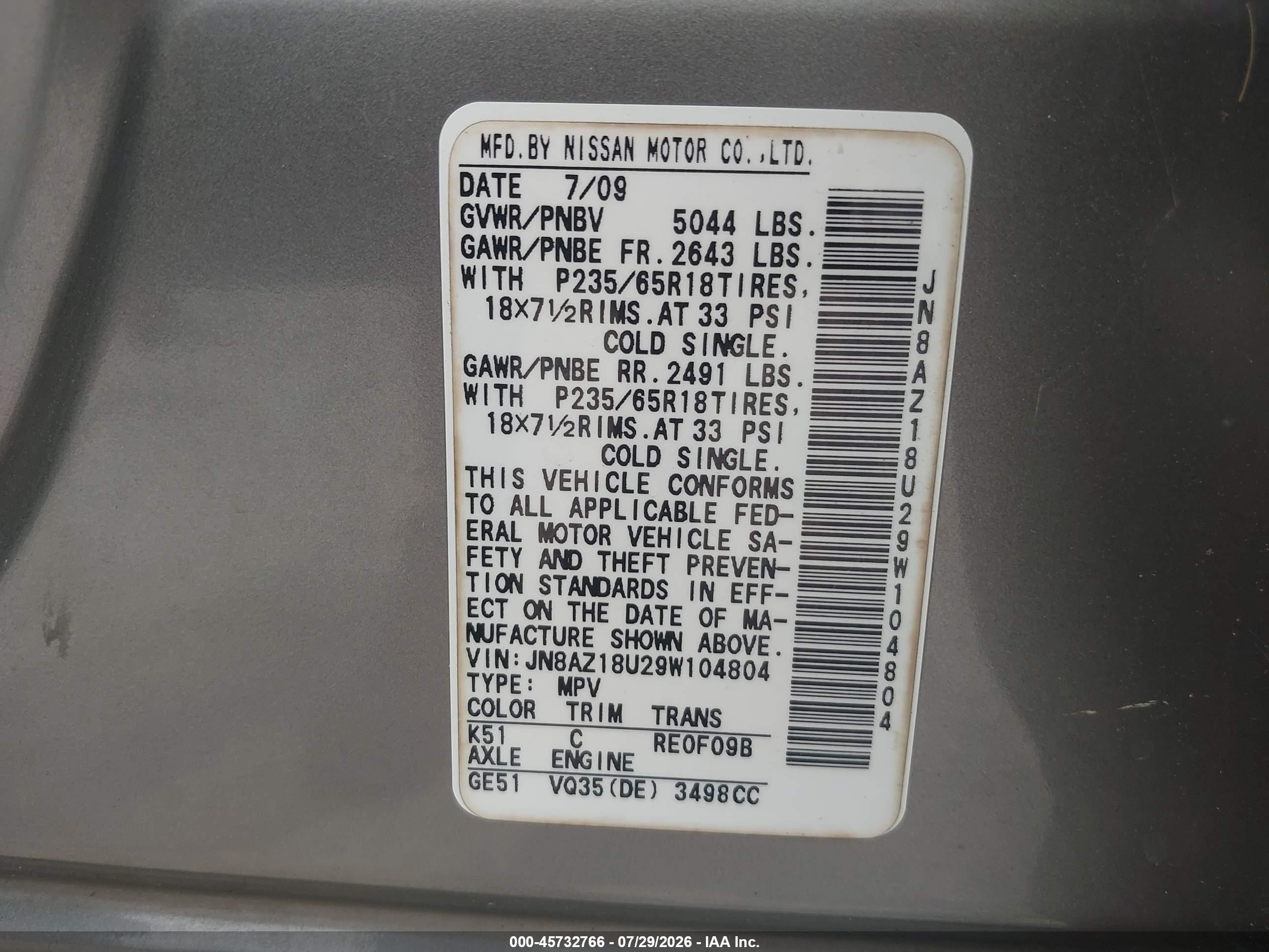 2009 Nissan Murano Sl Champagne vin: JN8AZ18U29W104804