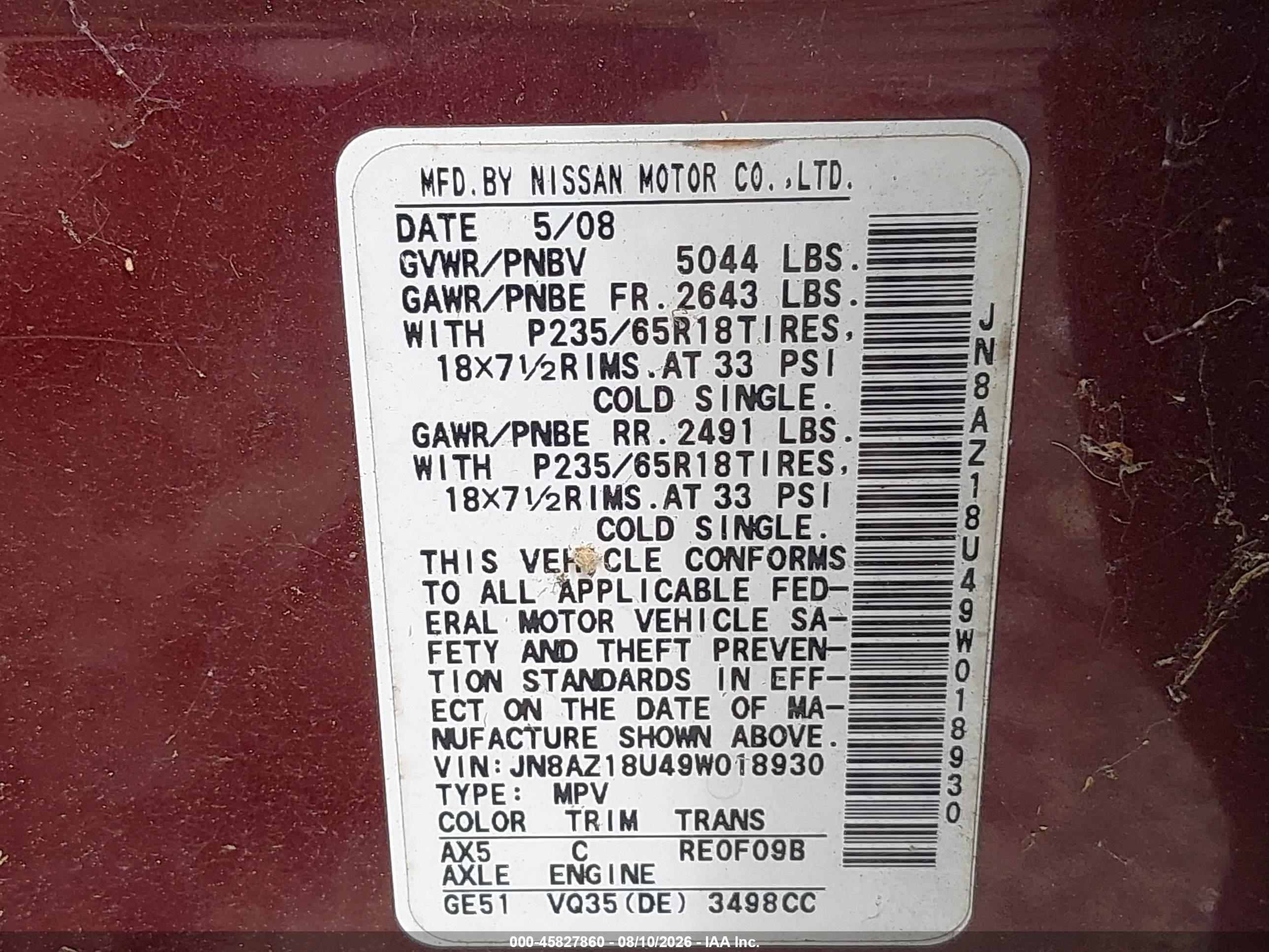 2009 Nissan Murano S Burgundy vin: JN8AZ18U49W018930